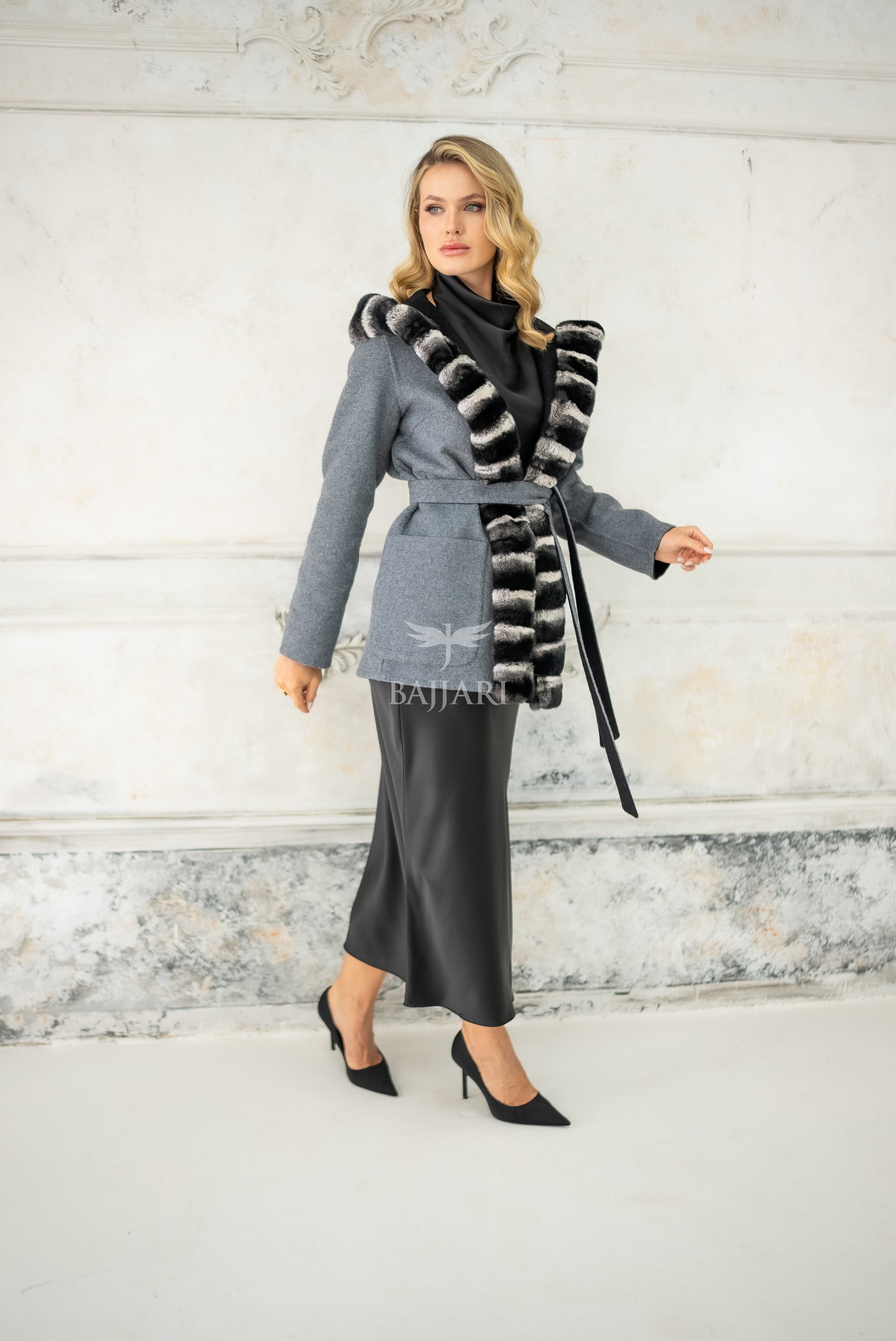 Reversible Alpaca Fabric Hooded Model with Rabbit Fur and Belt -3985-