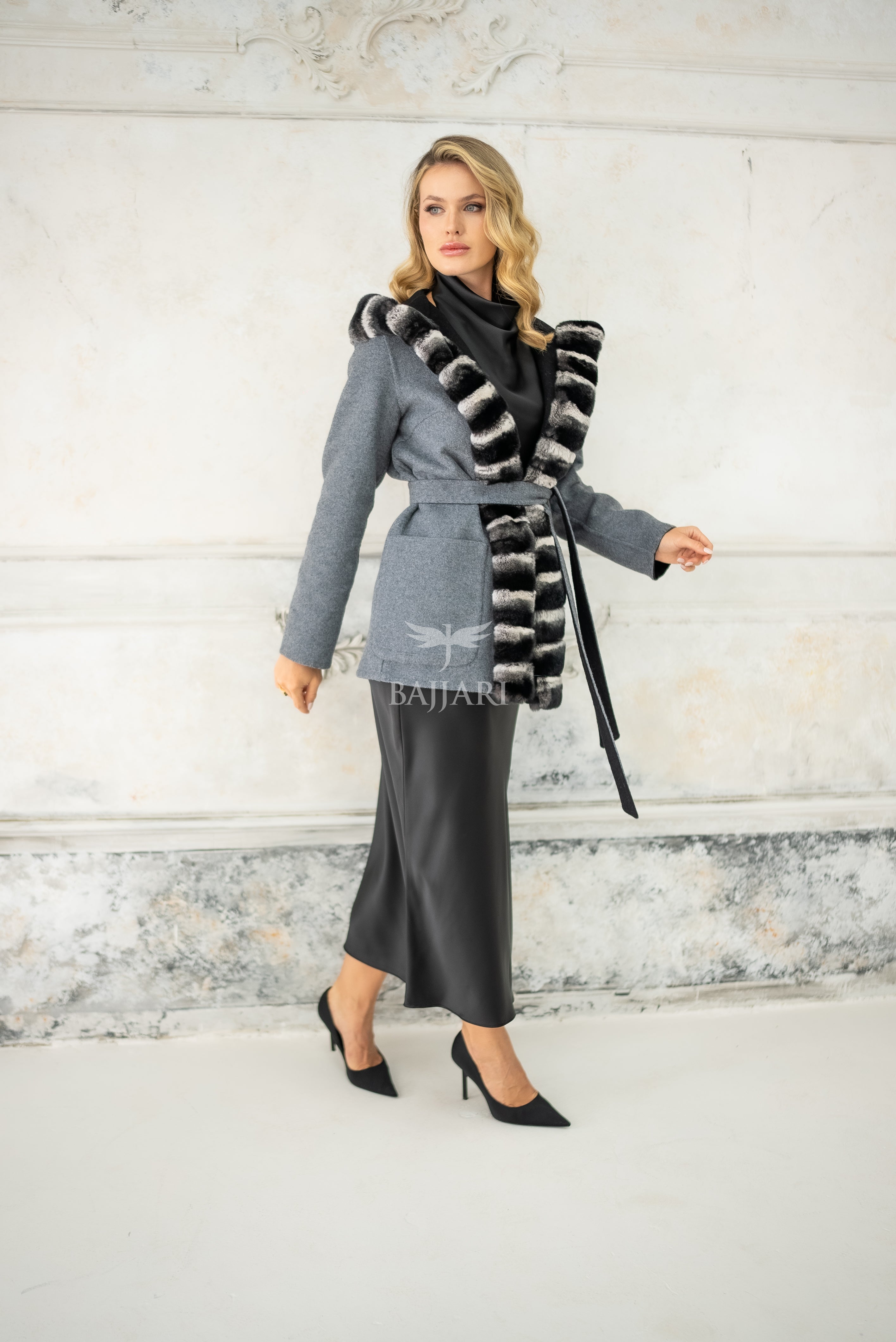 Reversible Alpaca Fabric Hooded Model with Rabbit Fur and Belt -3985-