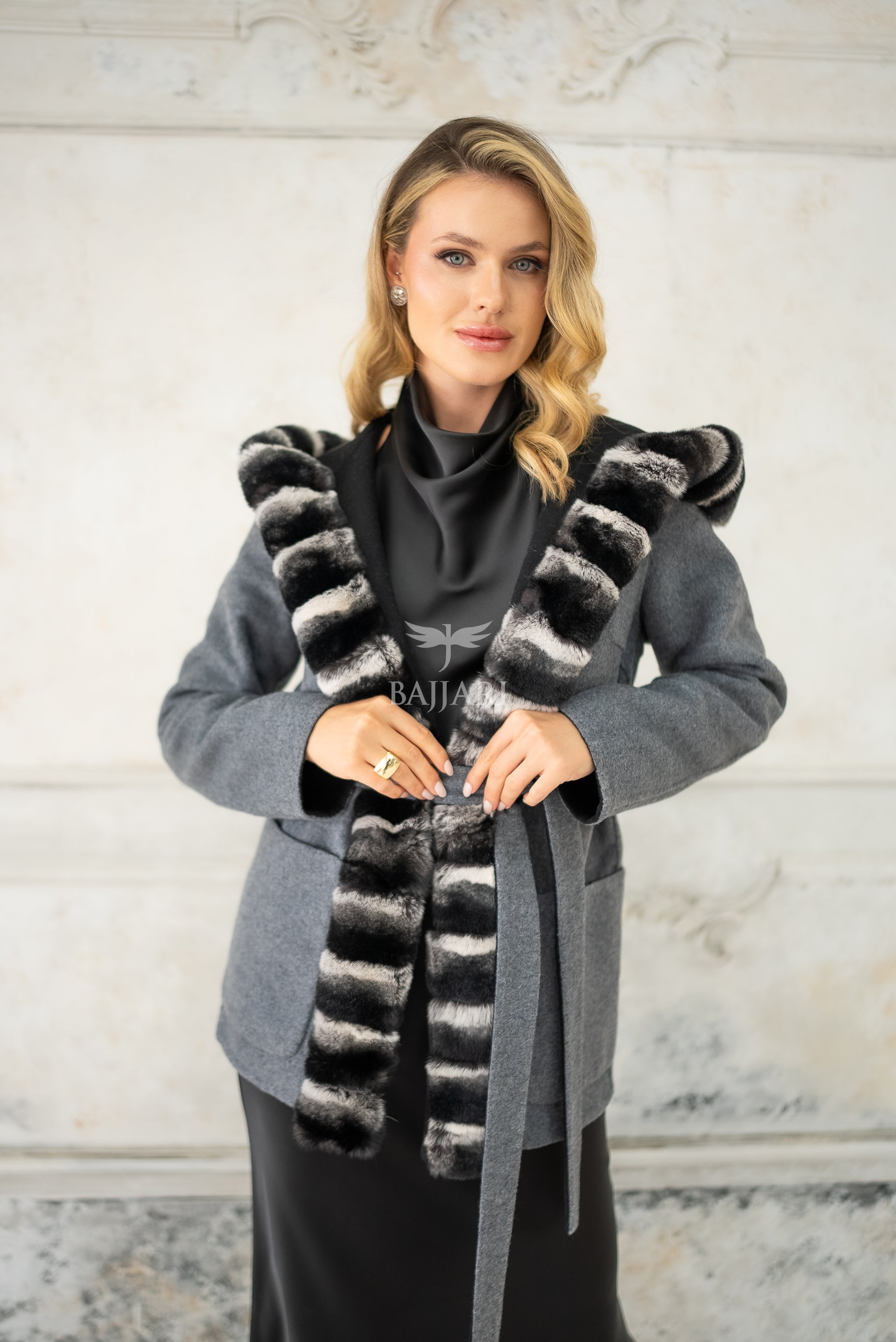Reversible Alpaca Fabric Hooded Model with Rabbit Fur and Belt -3985-