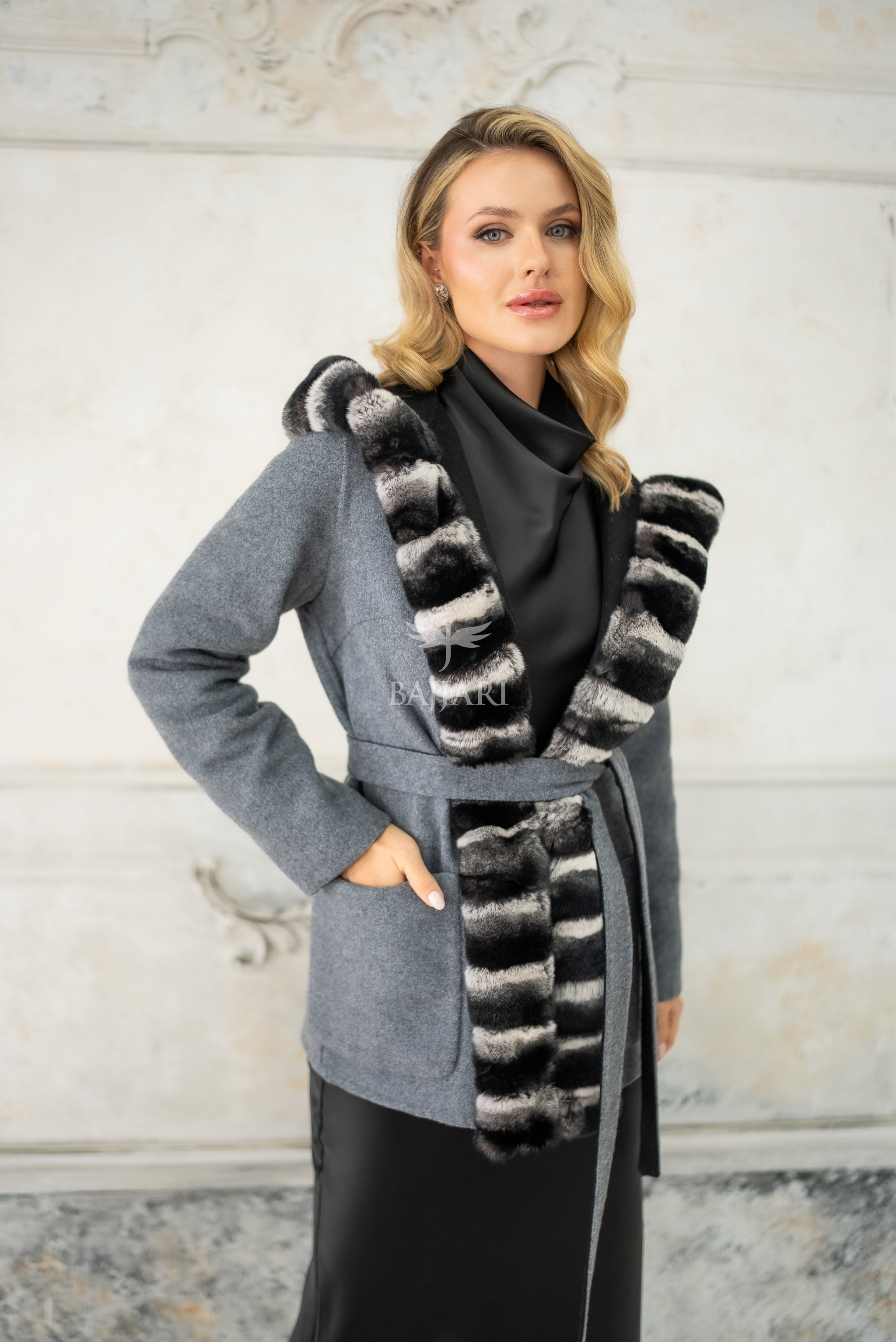 Reversible Alpaca Fabric Hooded Model with Rabbit Fur and Belt -3985-