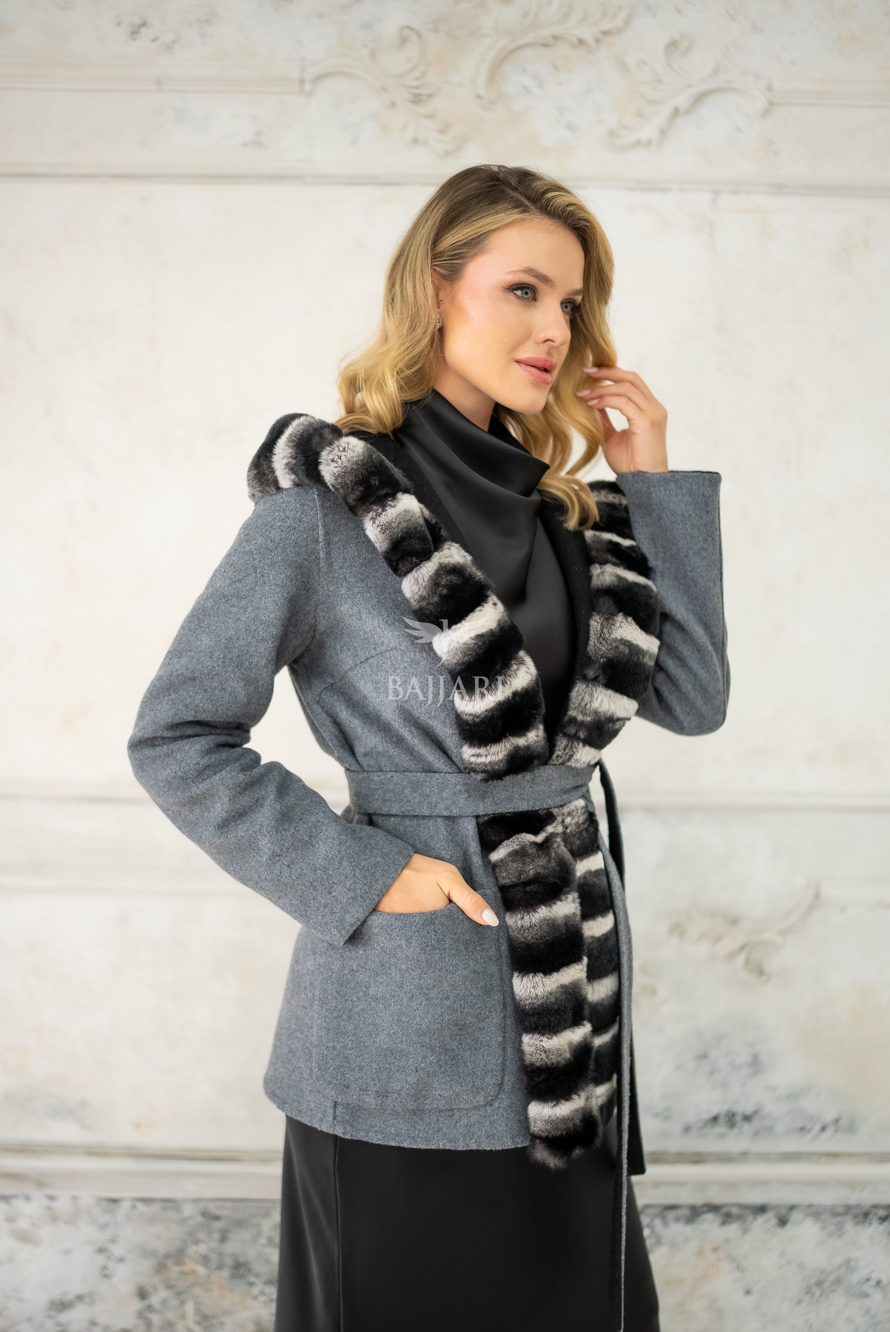 Reversible Alpaca Fabric Hooded Model with Rabbit Fur and Belt -3985-