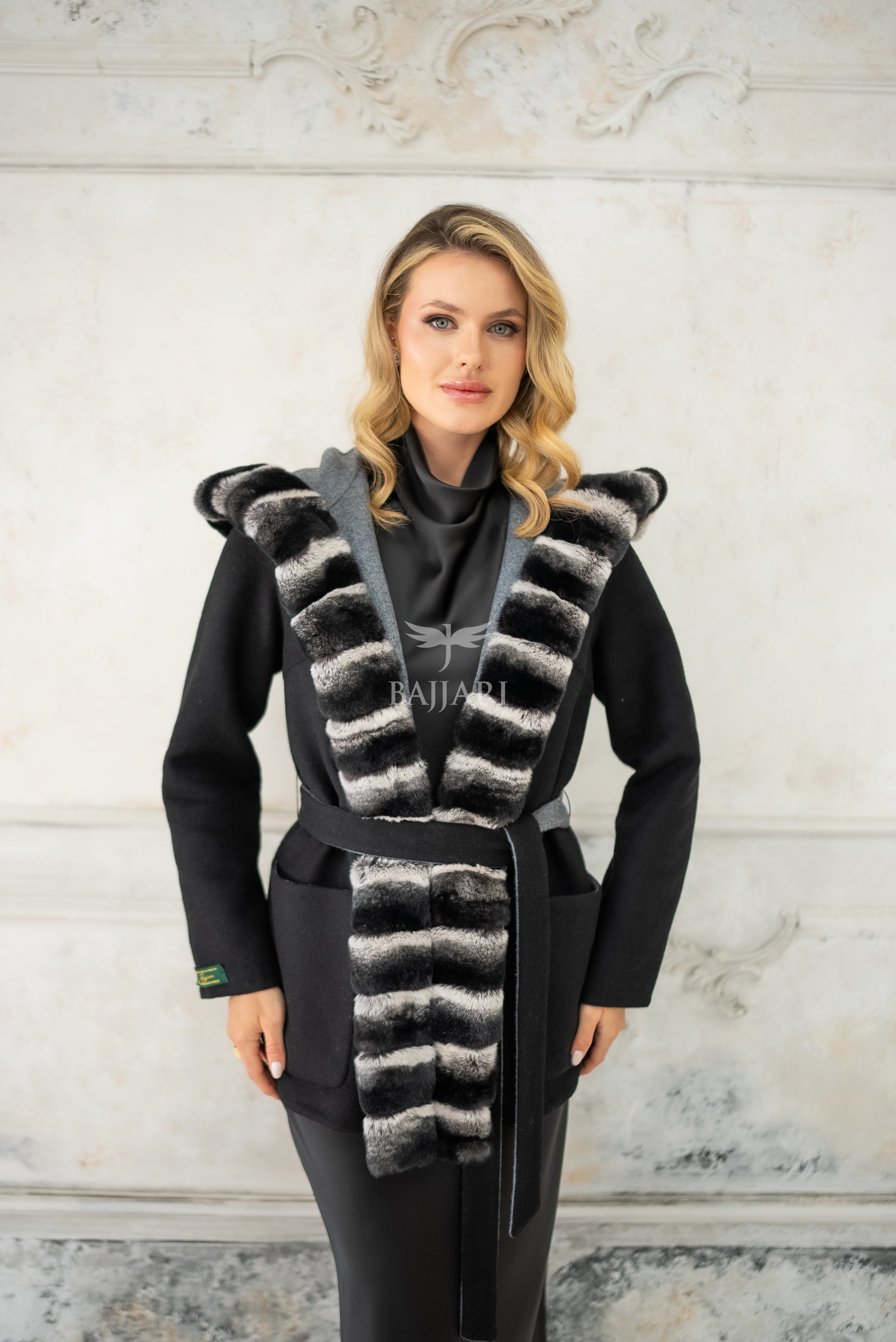 Reversible Alpaca Fabric Hooded Model with Rabbit Fur and Belt -3985-