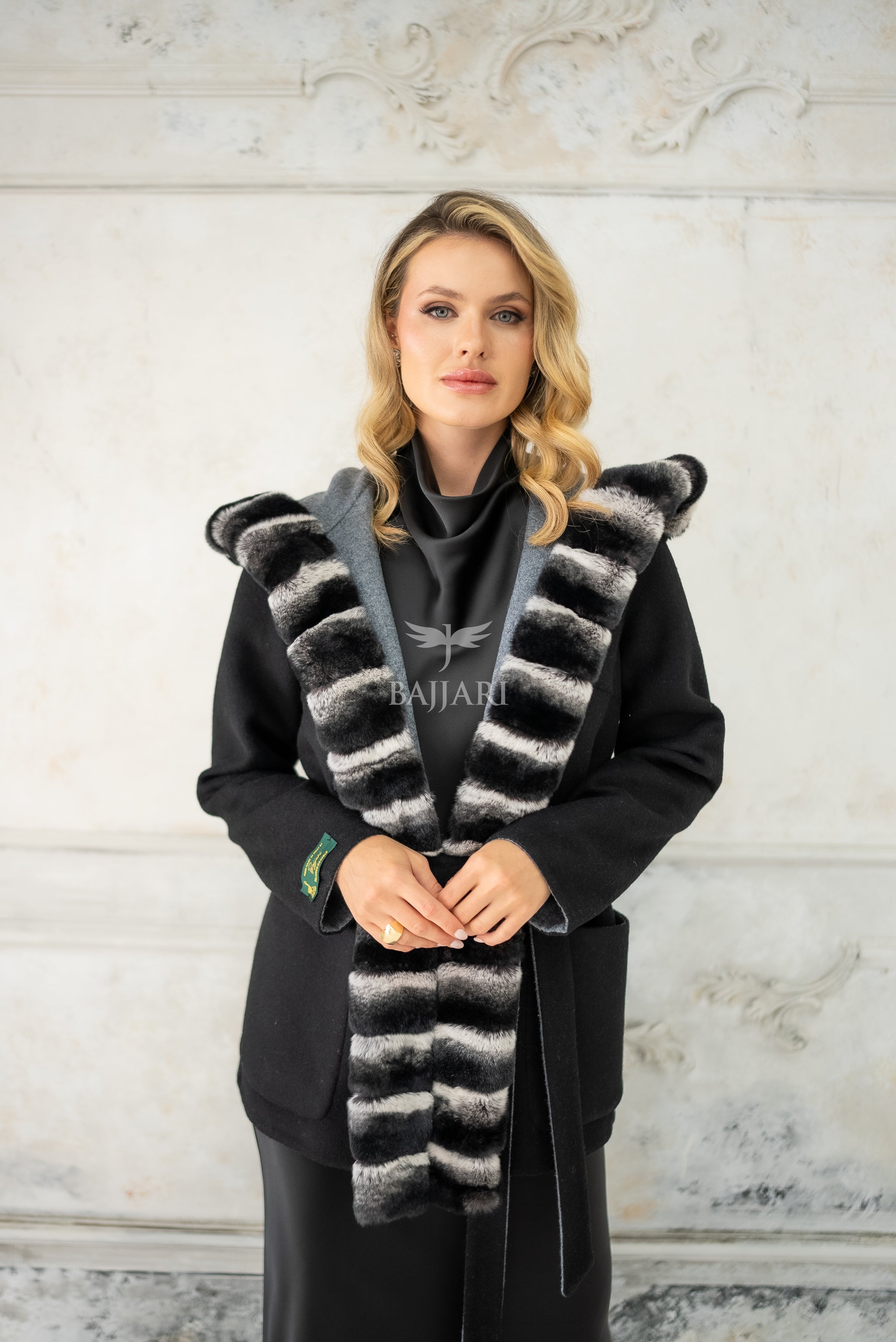 Reversible Alpaca Fabric Hooded Model with Rabbit Fur and Belt -3985-