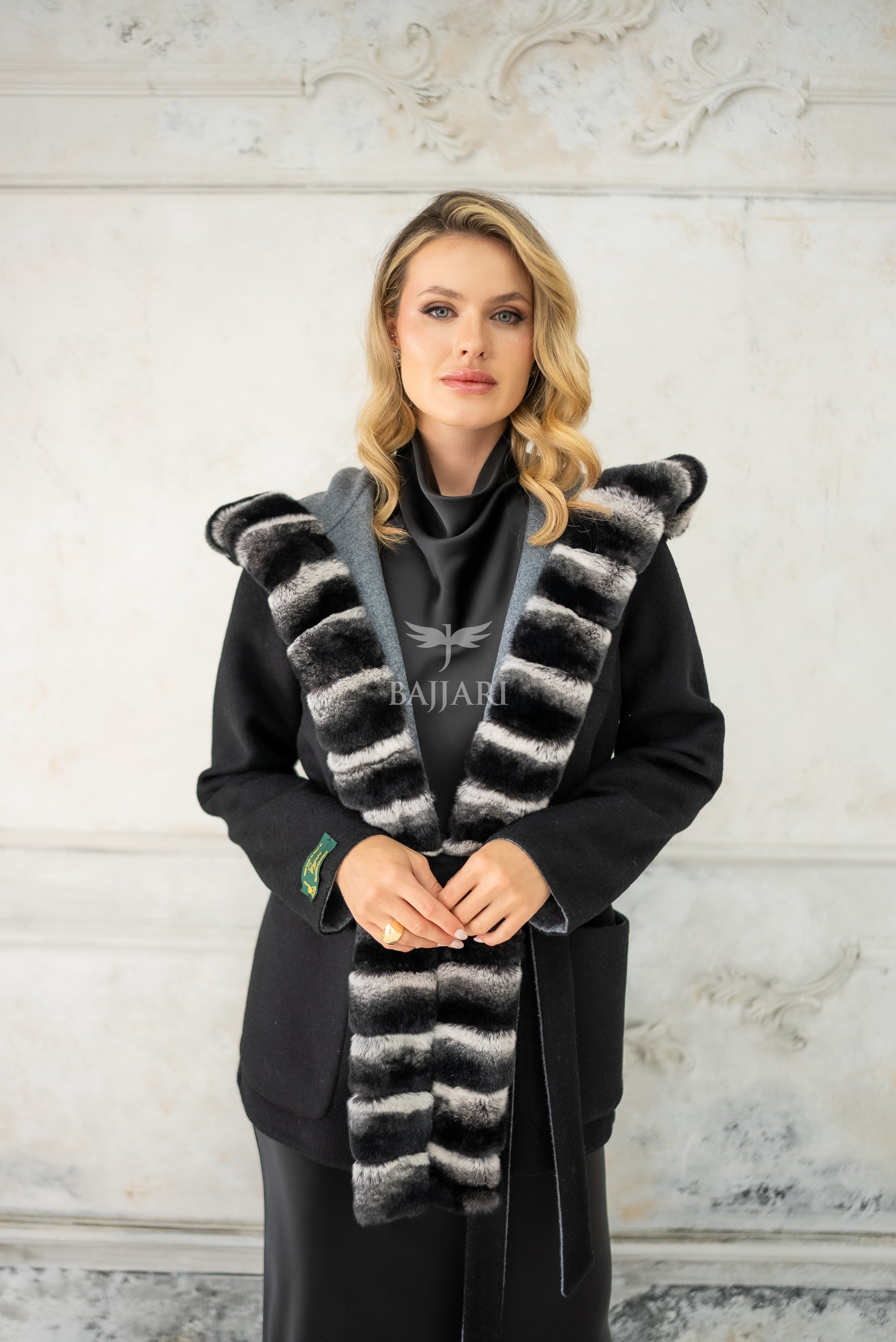 Reversible Alpaca Fabric Hooded Model with Rabbit Fur and Belt -3985-