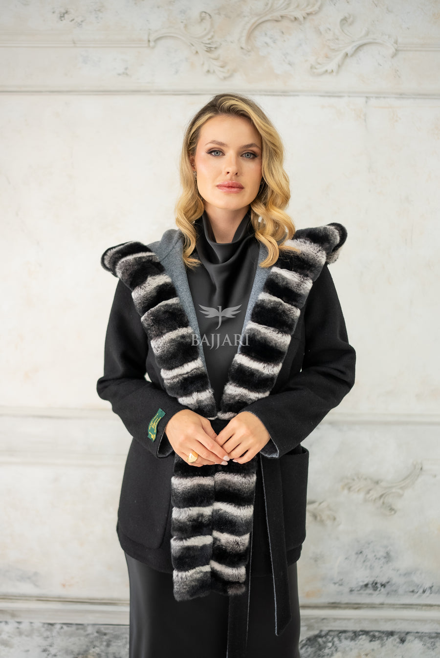 Reversible Alpaca Fabric Hooded Model with Rabbit Fur and Belt -3985-