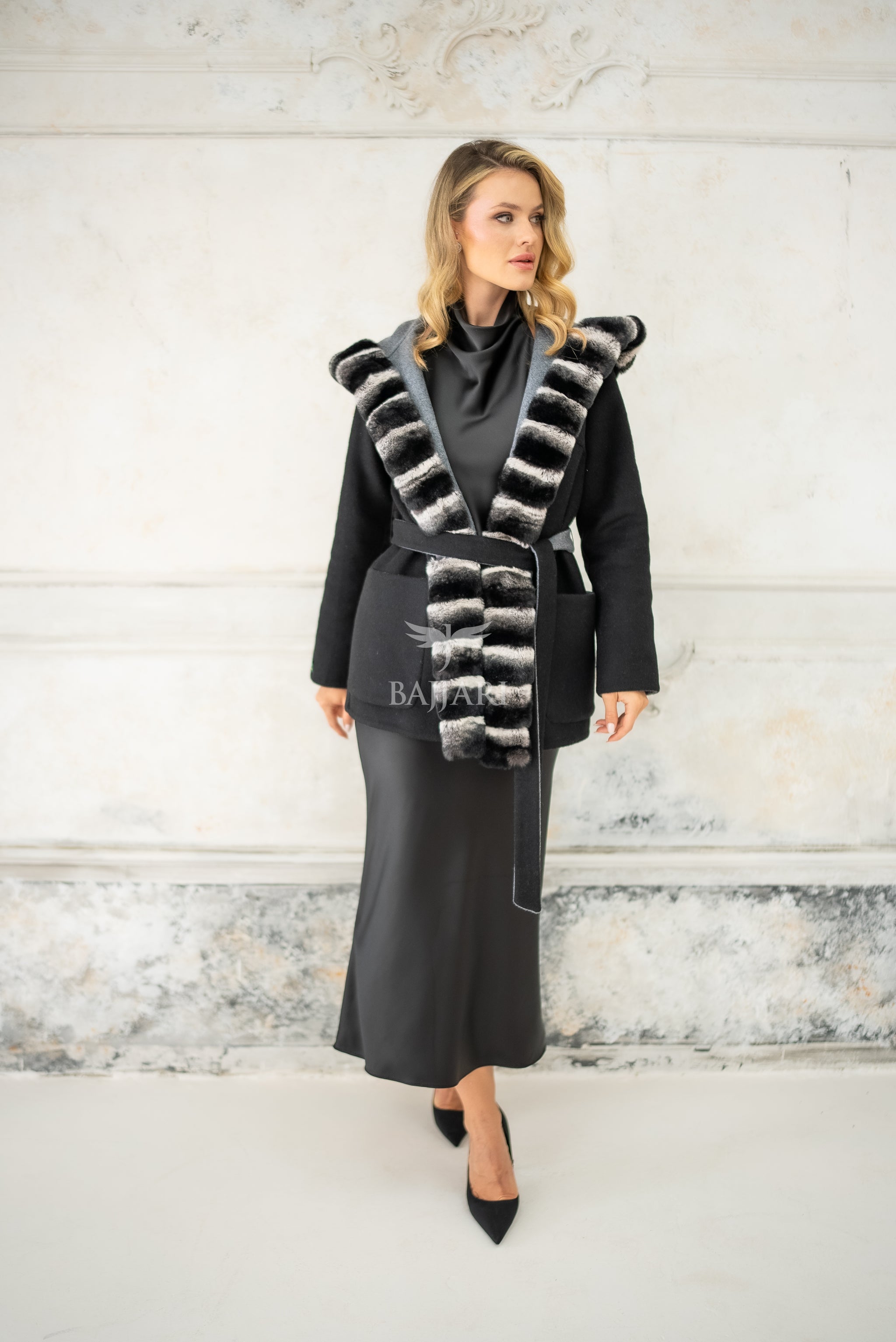 Reversible Alpaca Fabric Hooded Model with Rabbit Fur and Belt -3985-