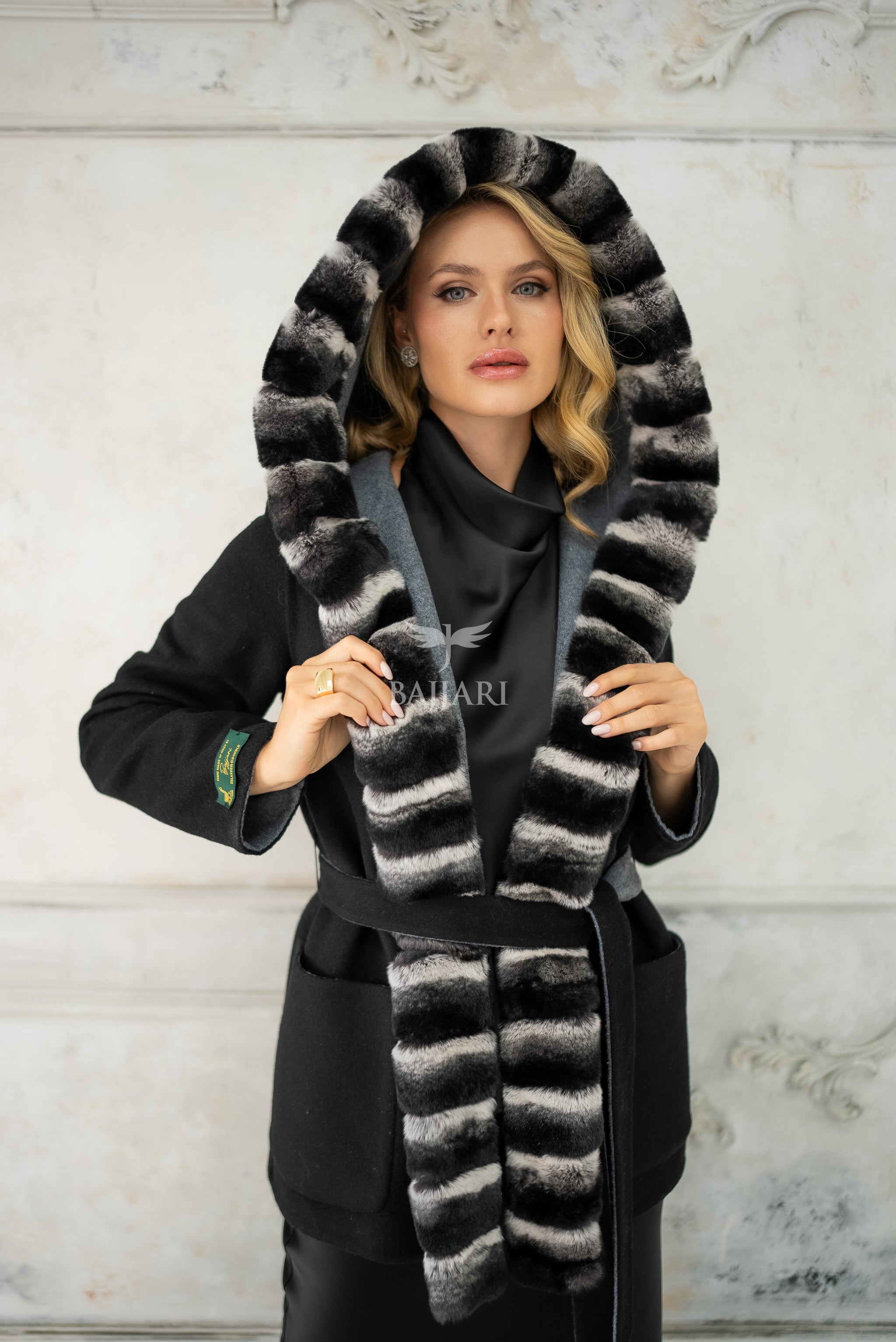 Reversible Alpaca Fabric Hooded Model with Rabbit Fur and Belt -3985-