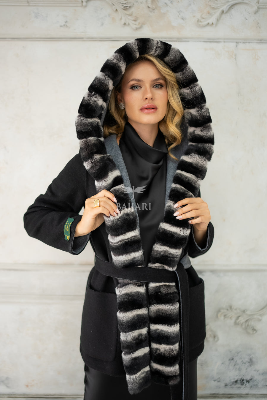 Reversible Alpaca Fabric Hooded Model with Rabbit Fur and Belt -3985-