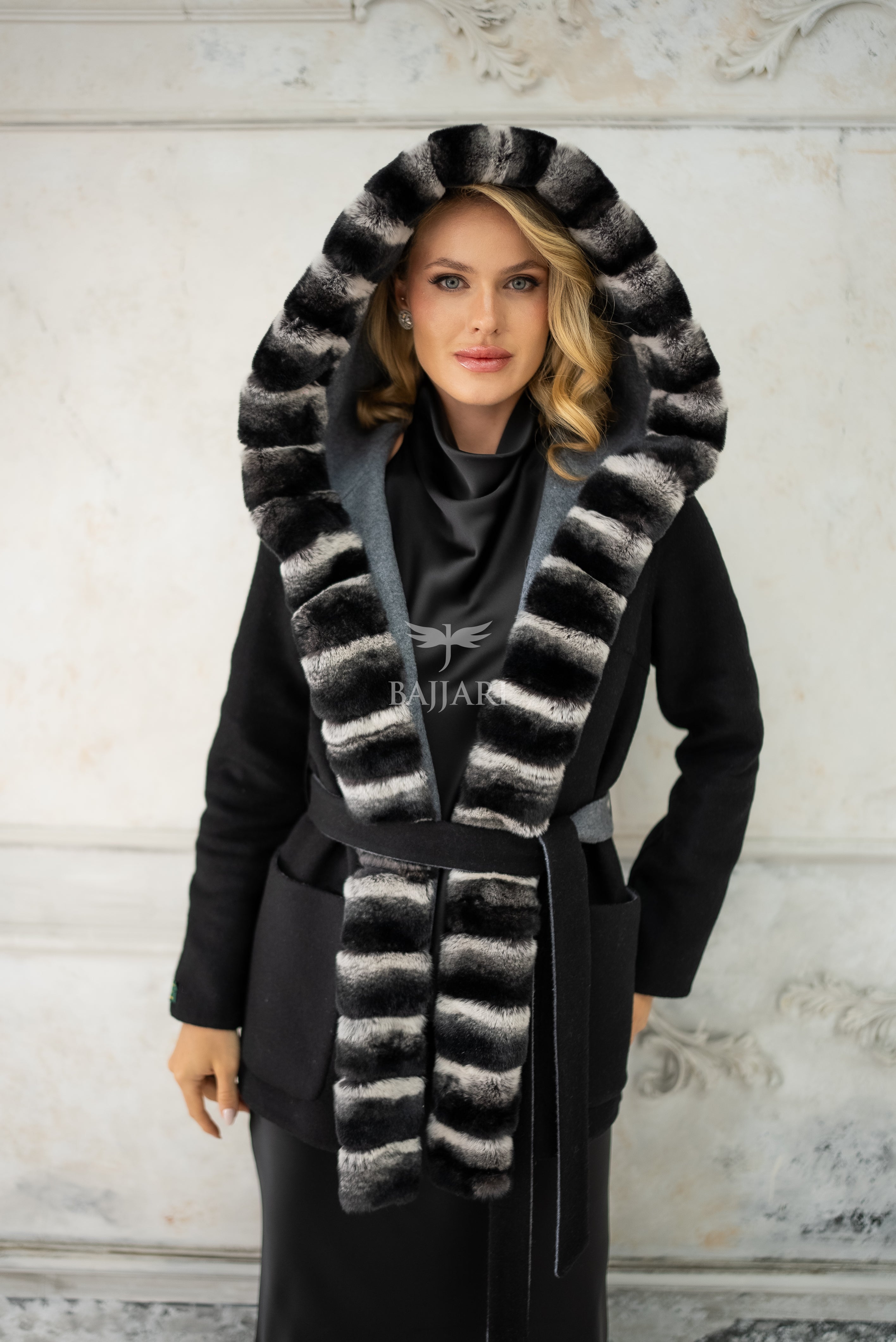 Reversible Alpaca Fabric Hooded Model with Rabbit Fur and Belt -3985-
