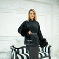 Women's Short Alpaca Wool Coat with Patchwork Fox Fur on the Sleeves -1214-