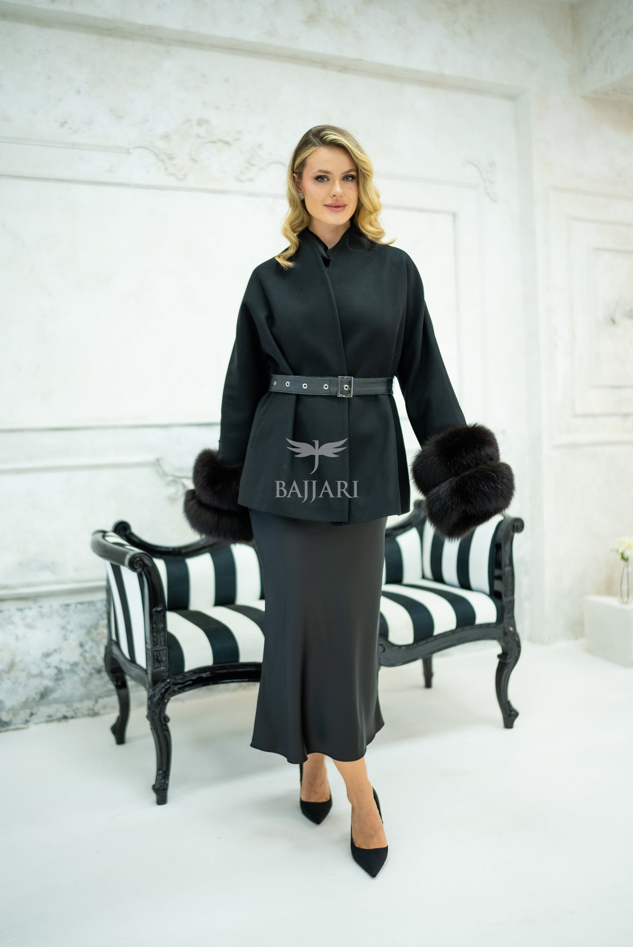 Women's Short Alpaca Wool Coat with Patchwork Fox Fur on the Sleeves -1214-