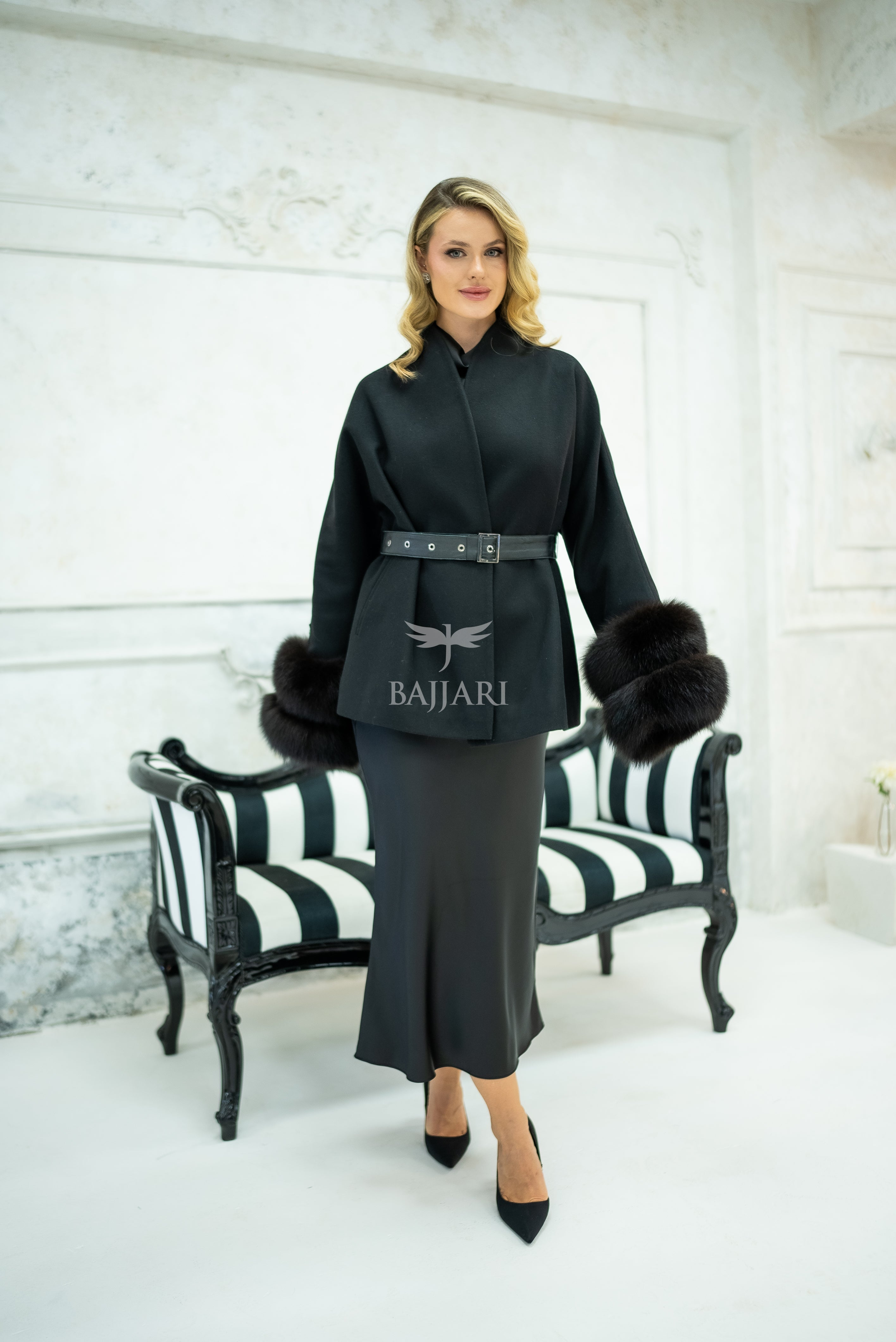 Women's Short Alpaca Wool Coat with Patchwork Fox Fur on the Sleeves -1214-