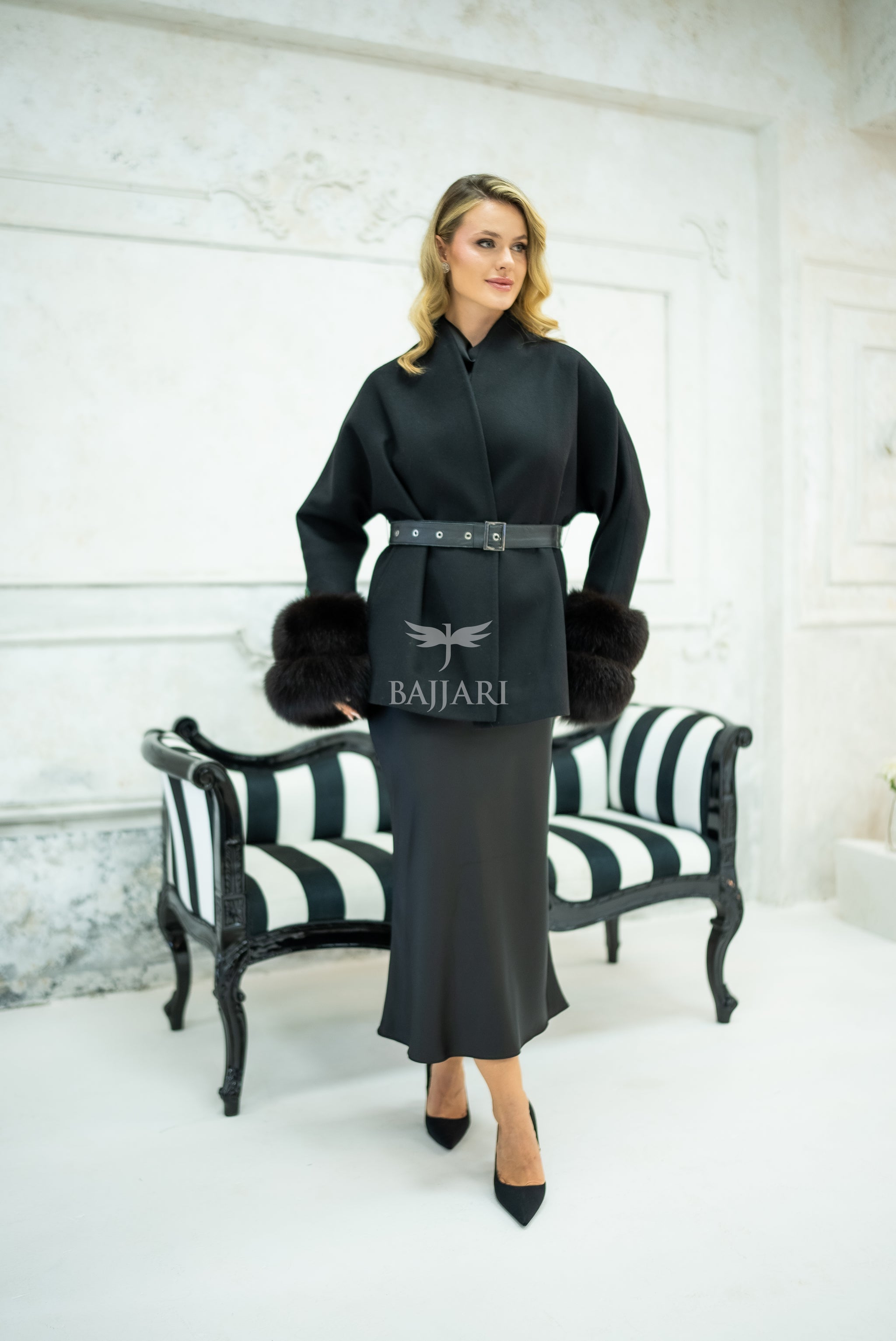 Women's Short Alpaca Wool Coat with Patchwork Fox Fur on the Sleeves -1214-