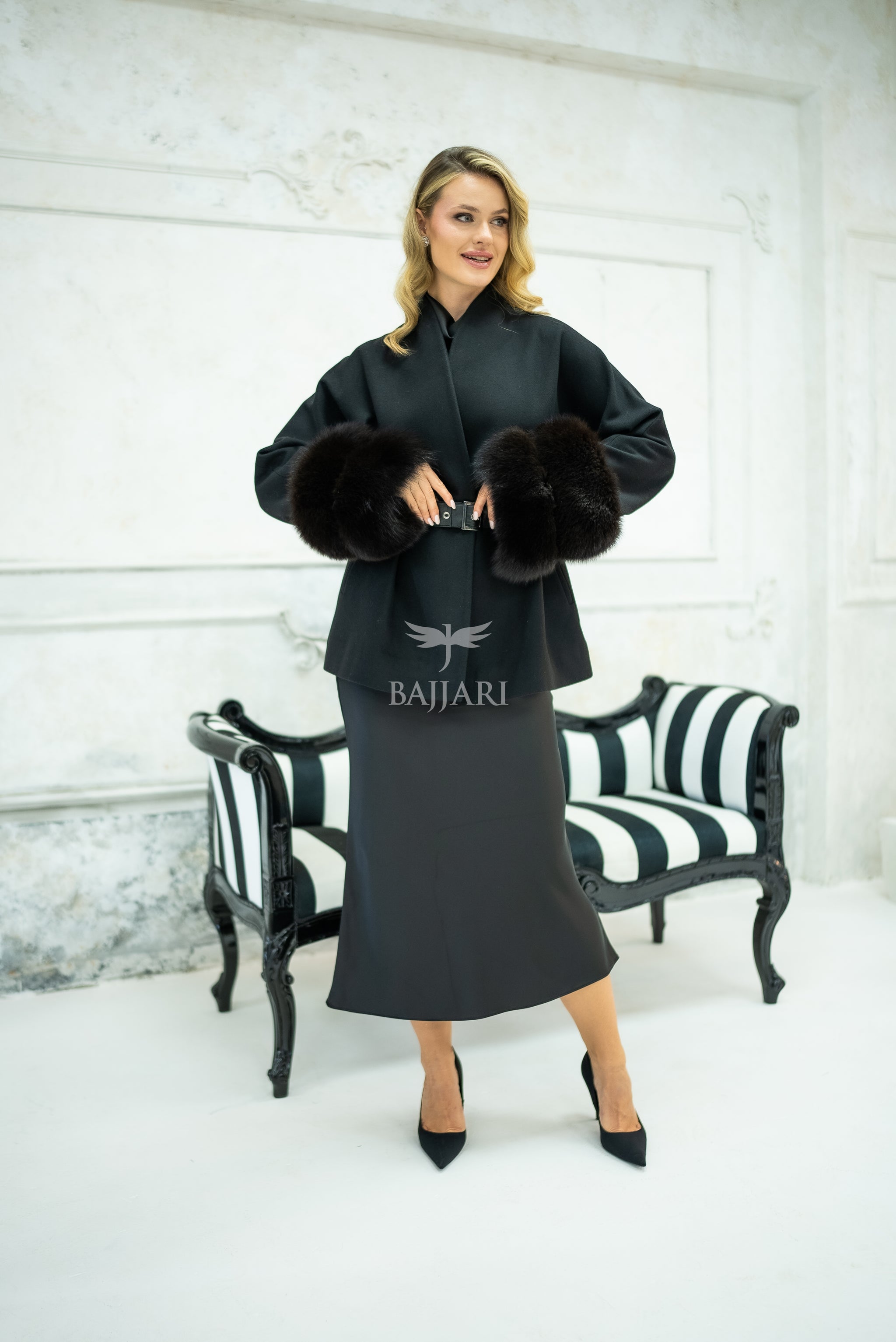 Women's Short Alpaca Wool Coat with Patchwork Fox Fur on the Sleeves -1214-