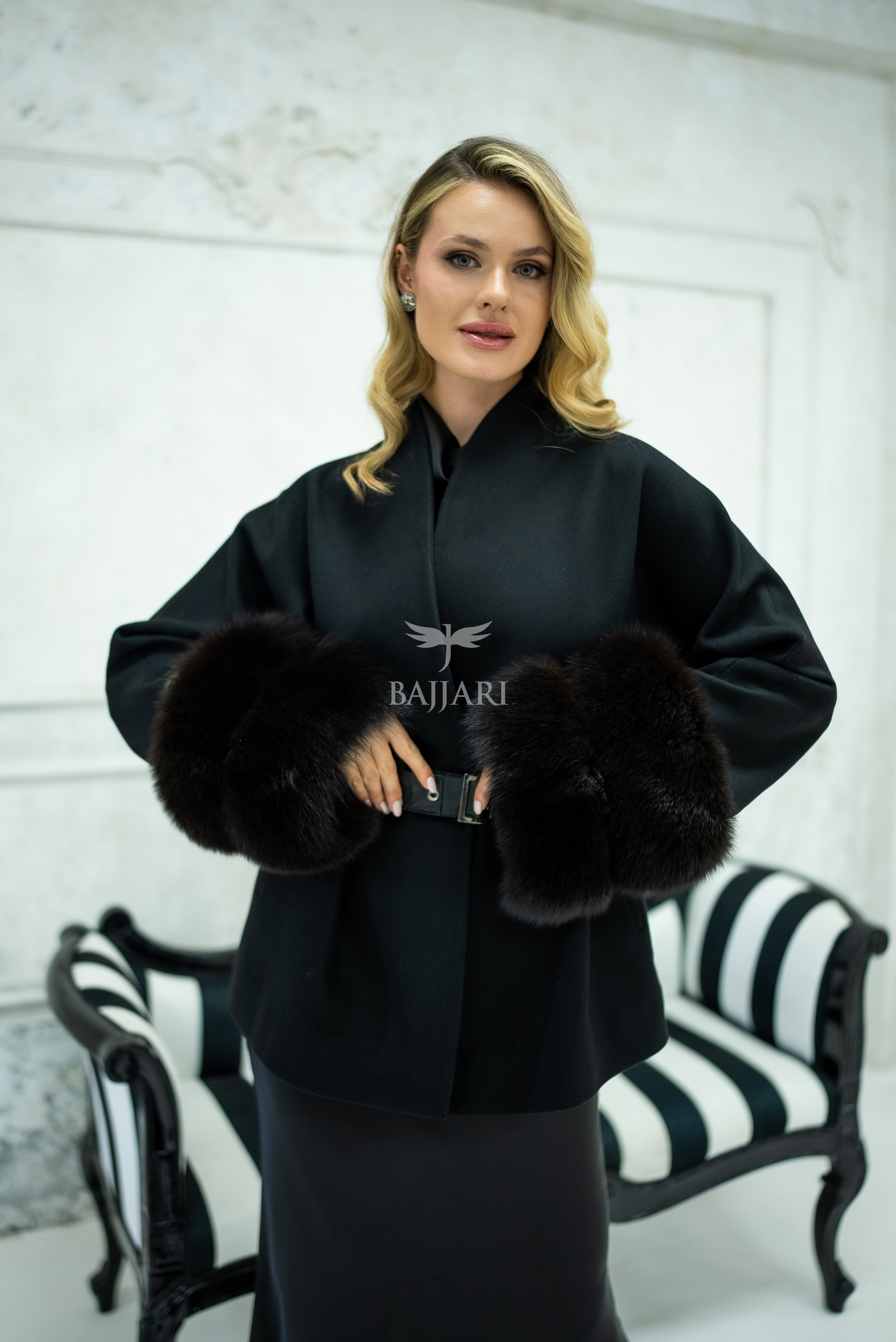 Women's Short Alpaca Wool Coat with Patchwork Fox Fur on the Sleeves -1214-
