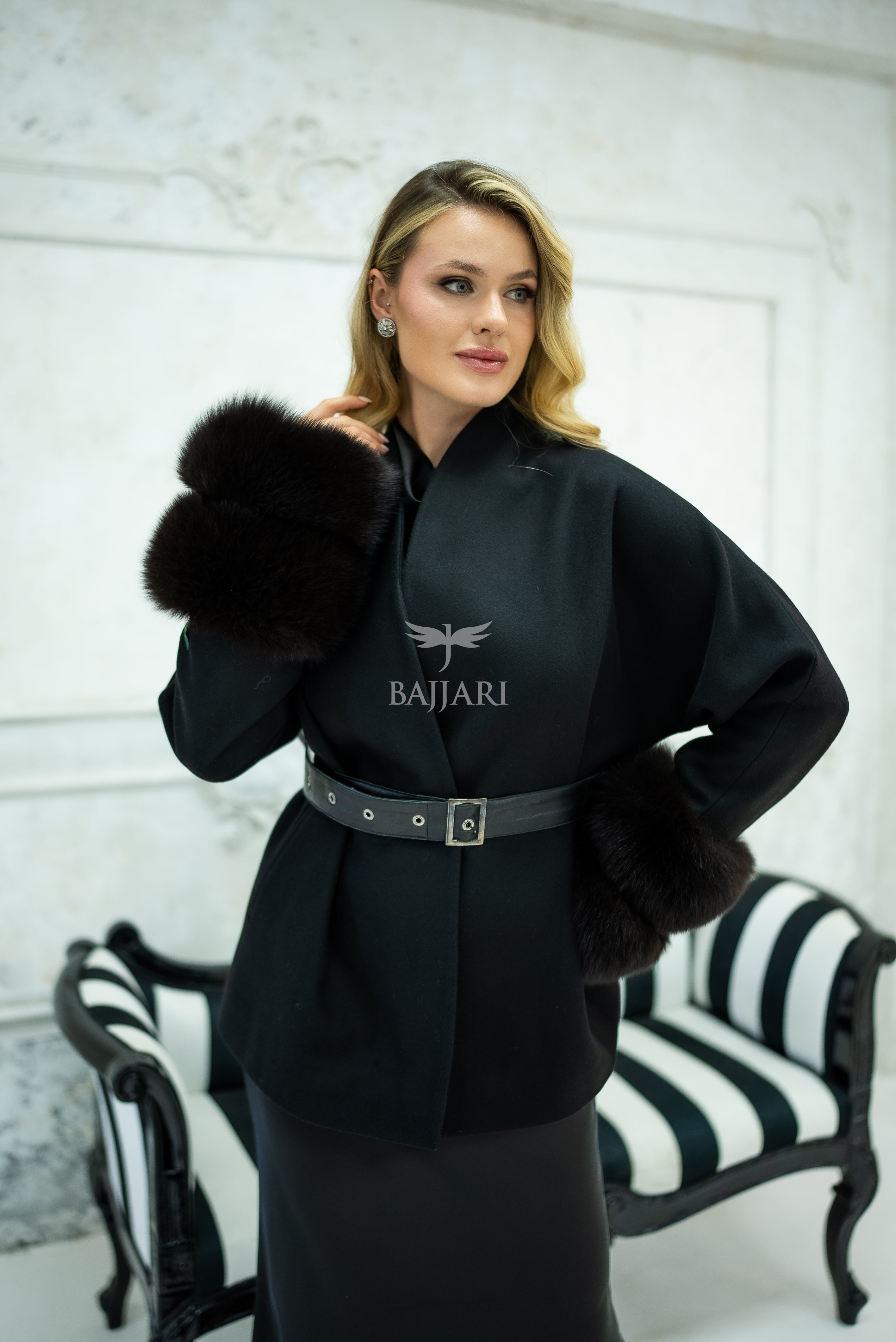 Women's Short Alpaca Wool Coat with Patchwork Fox Fur on the Sleeves -1214-