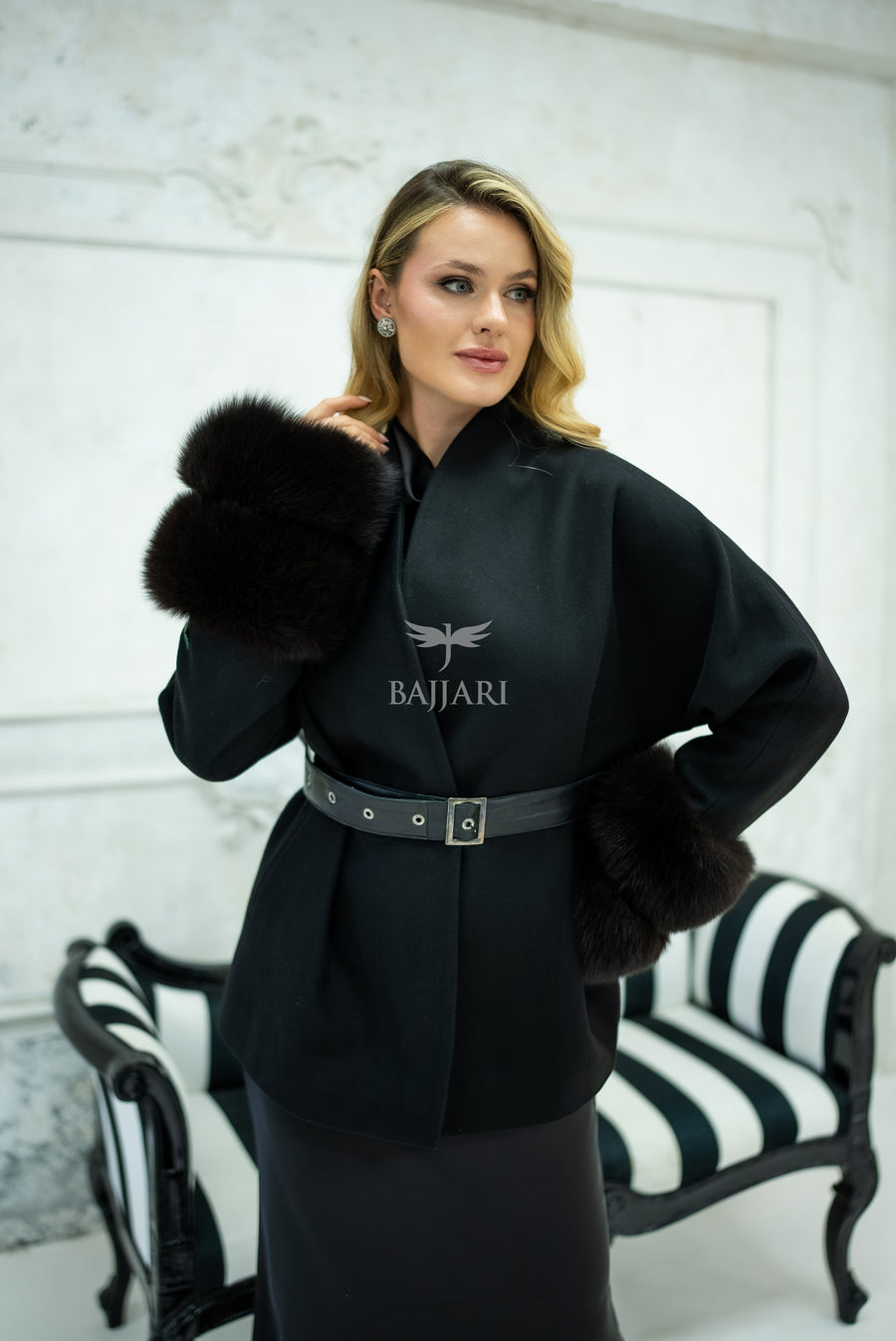 Women's Short Alpaca Wool Coat with Patchwork Fox Fur on the Sleeves -1214-