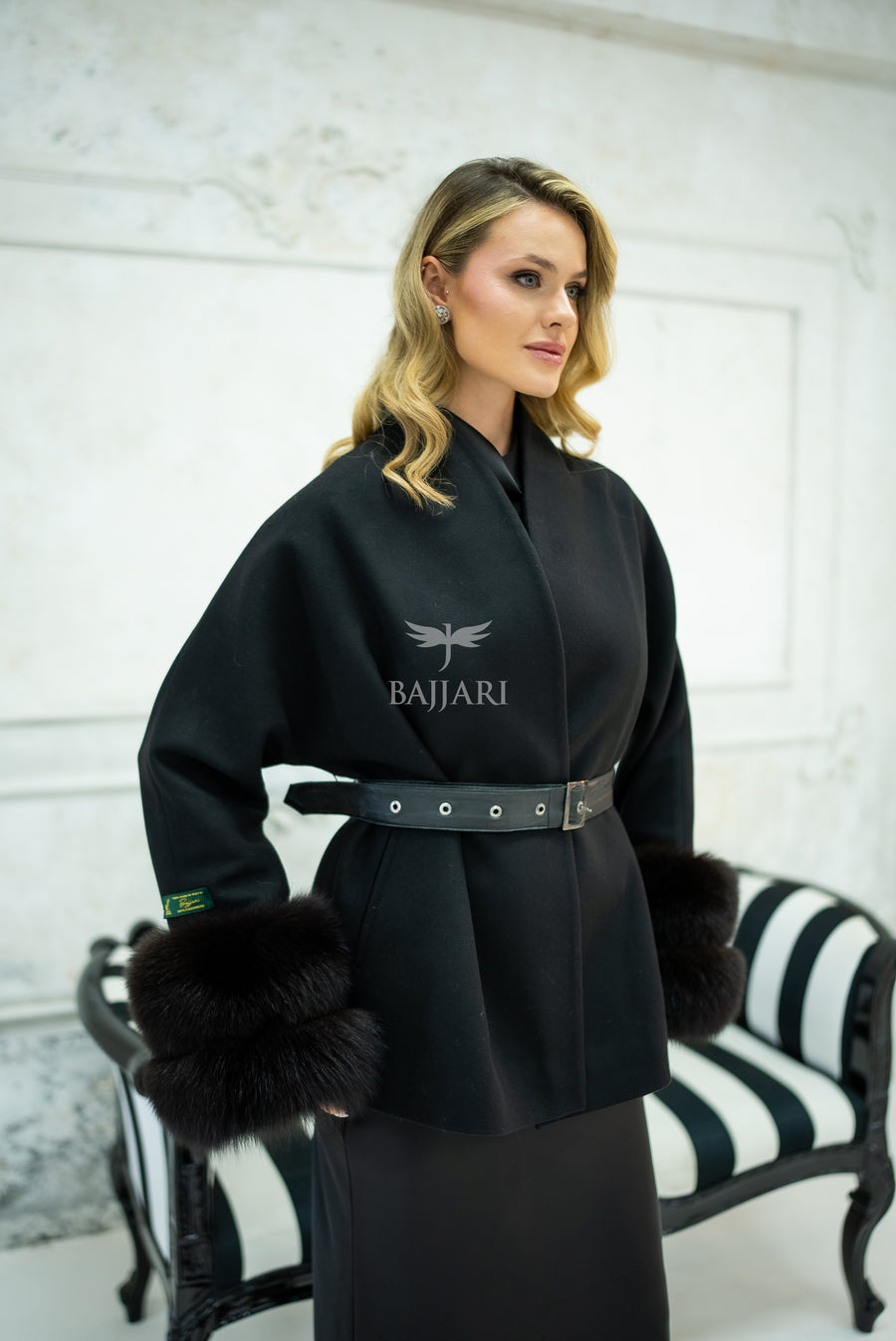 Women's Short Alpaca Wool Coat with Patchwork Fox Fur on the Sleeves -1214-