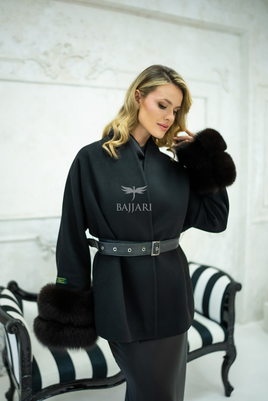 Women's Short Alpaca Wool Coat with Patchwork Fox Fur on the Sleeves -1214-