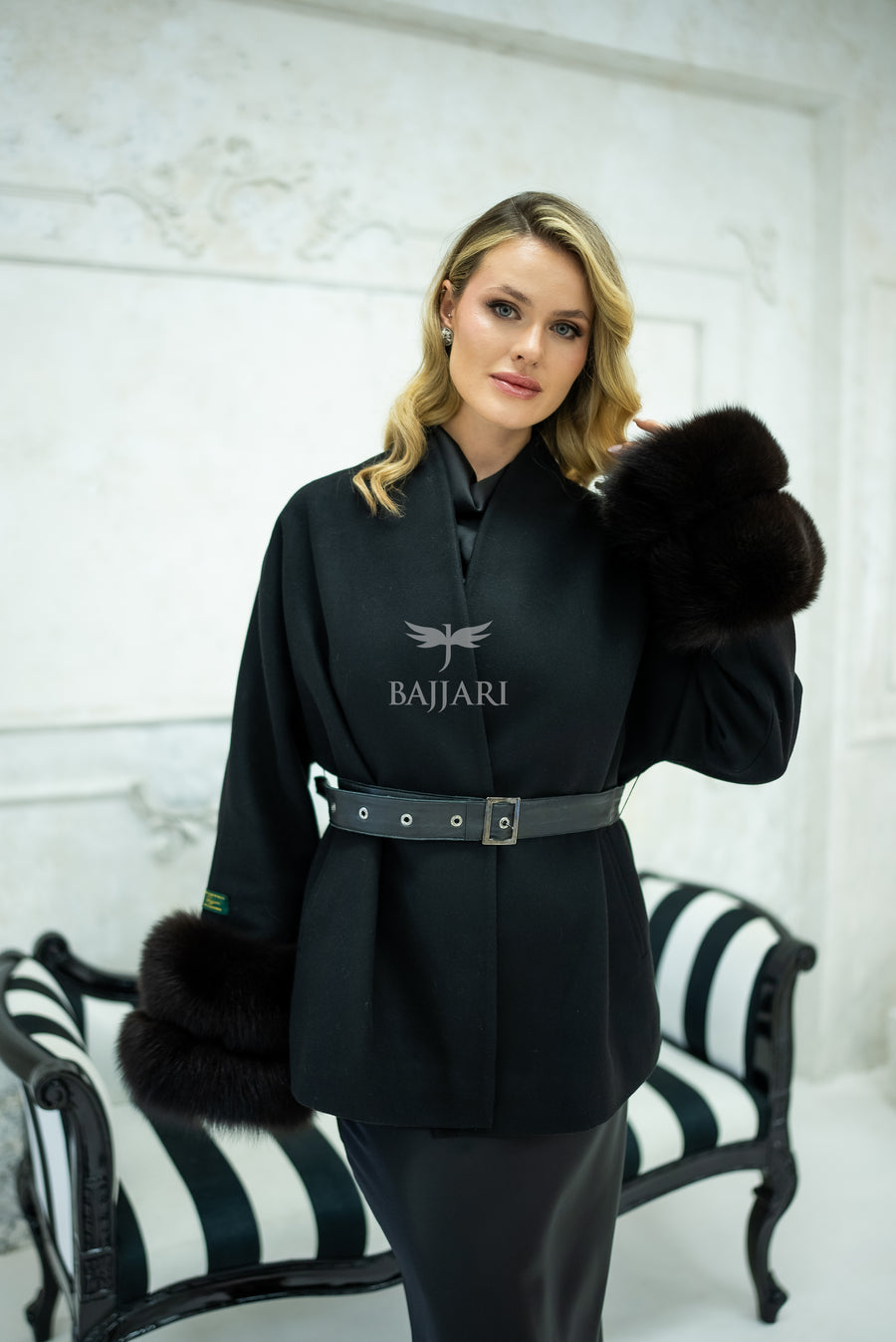 Women's Short Alpaca Wool Coat with Patchwork Fox Fur on the Sleeves -1214-