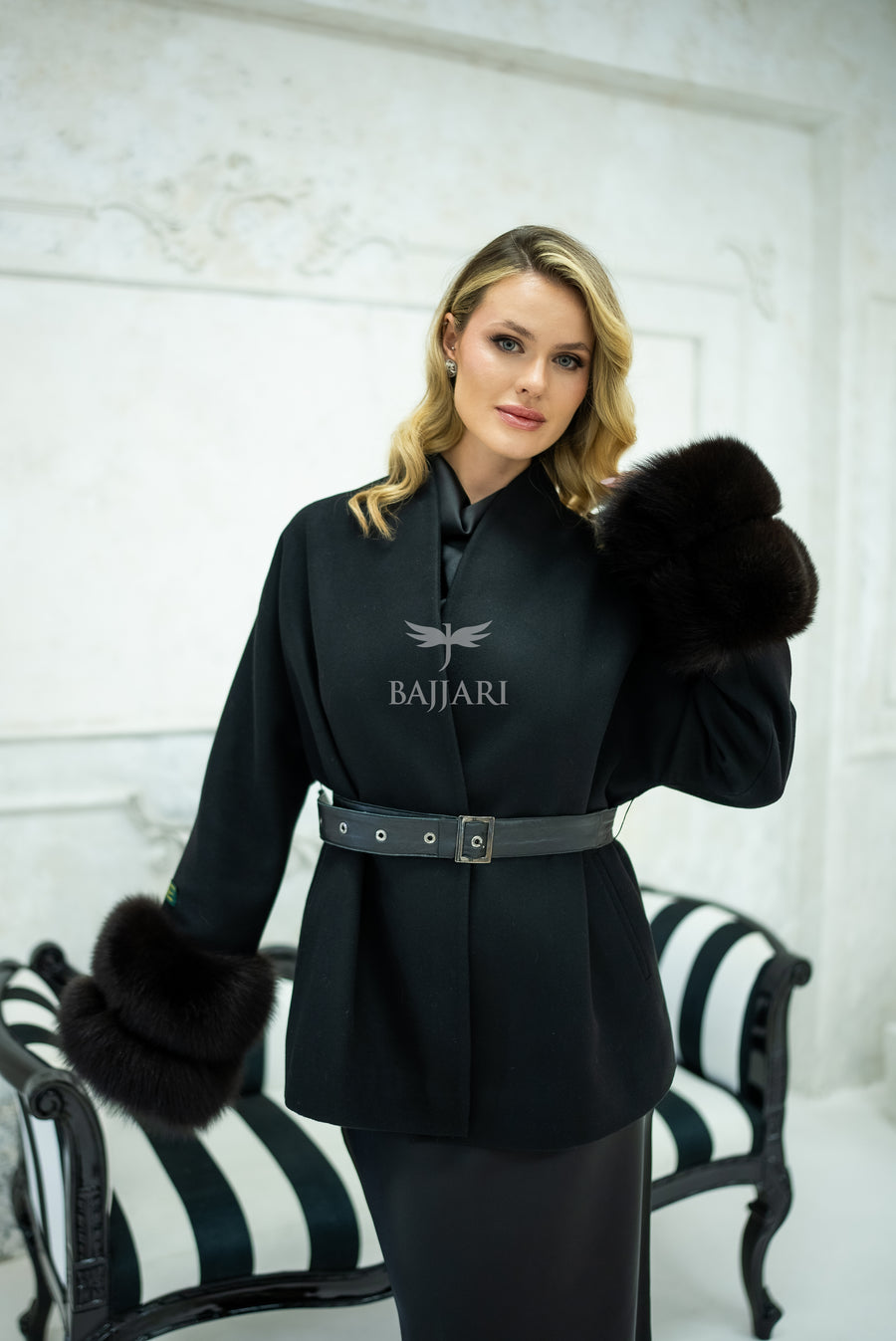 Women's Short Alpaca Wool Coat with Patchwork Fox Fur on the Sleeves -1214-
