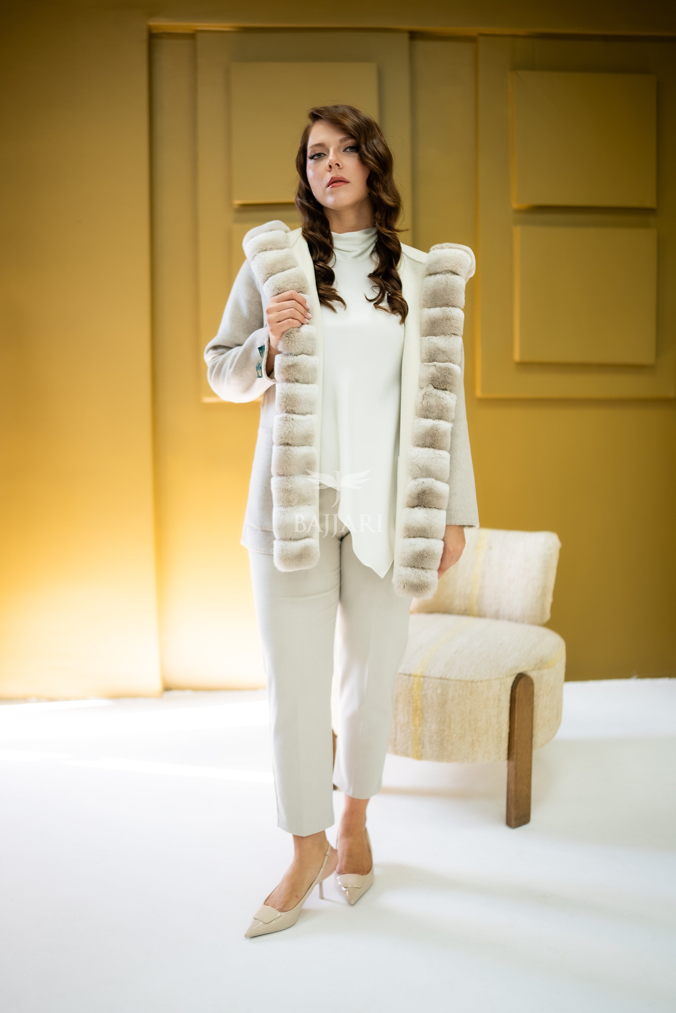 Reversible Alpaca Fabric Hooded Model with Rabbit Fur and Belt -3985-