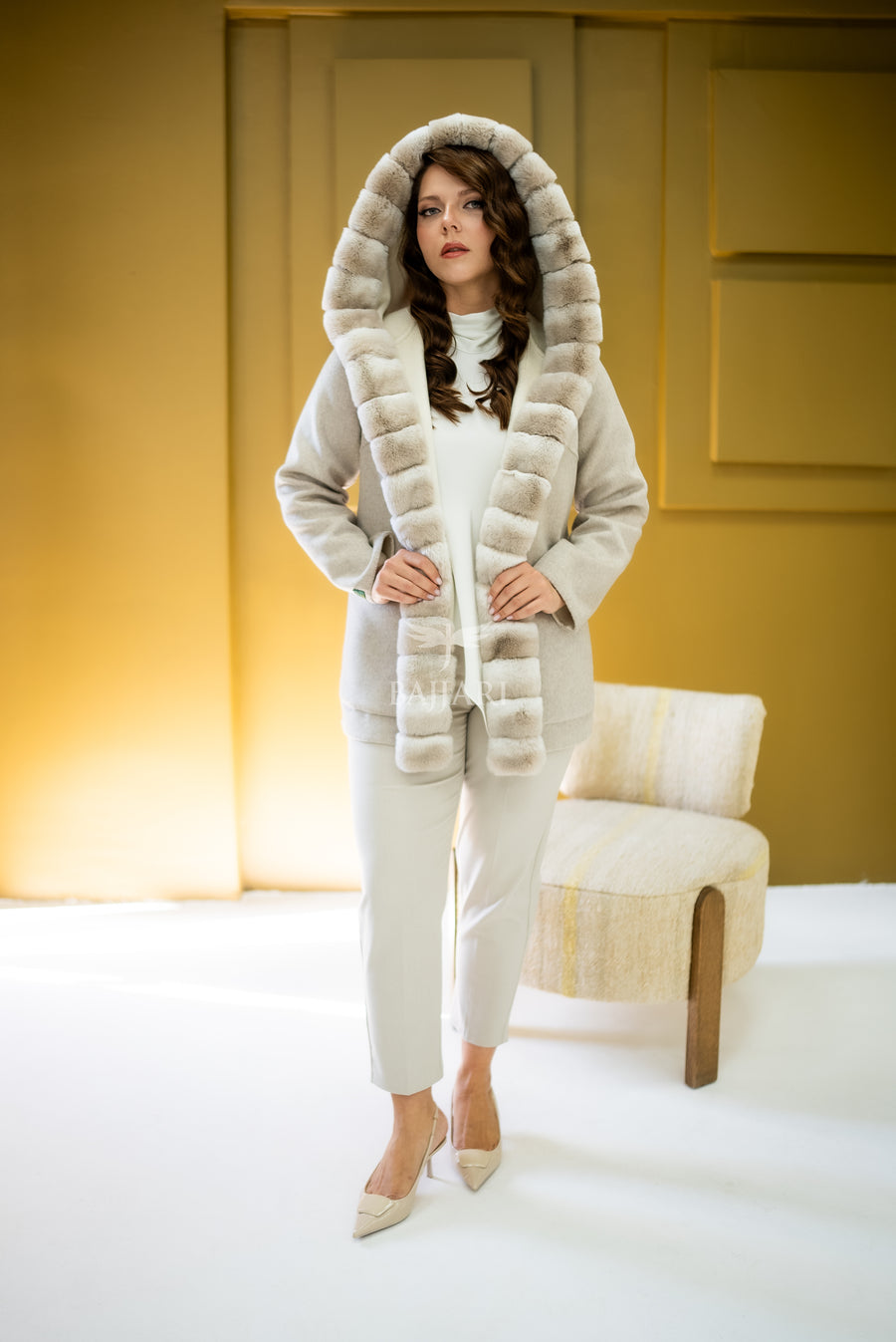 Reversible Alpaca Fabric Hooded Model with Rabbit Fur and Belt -3985-