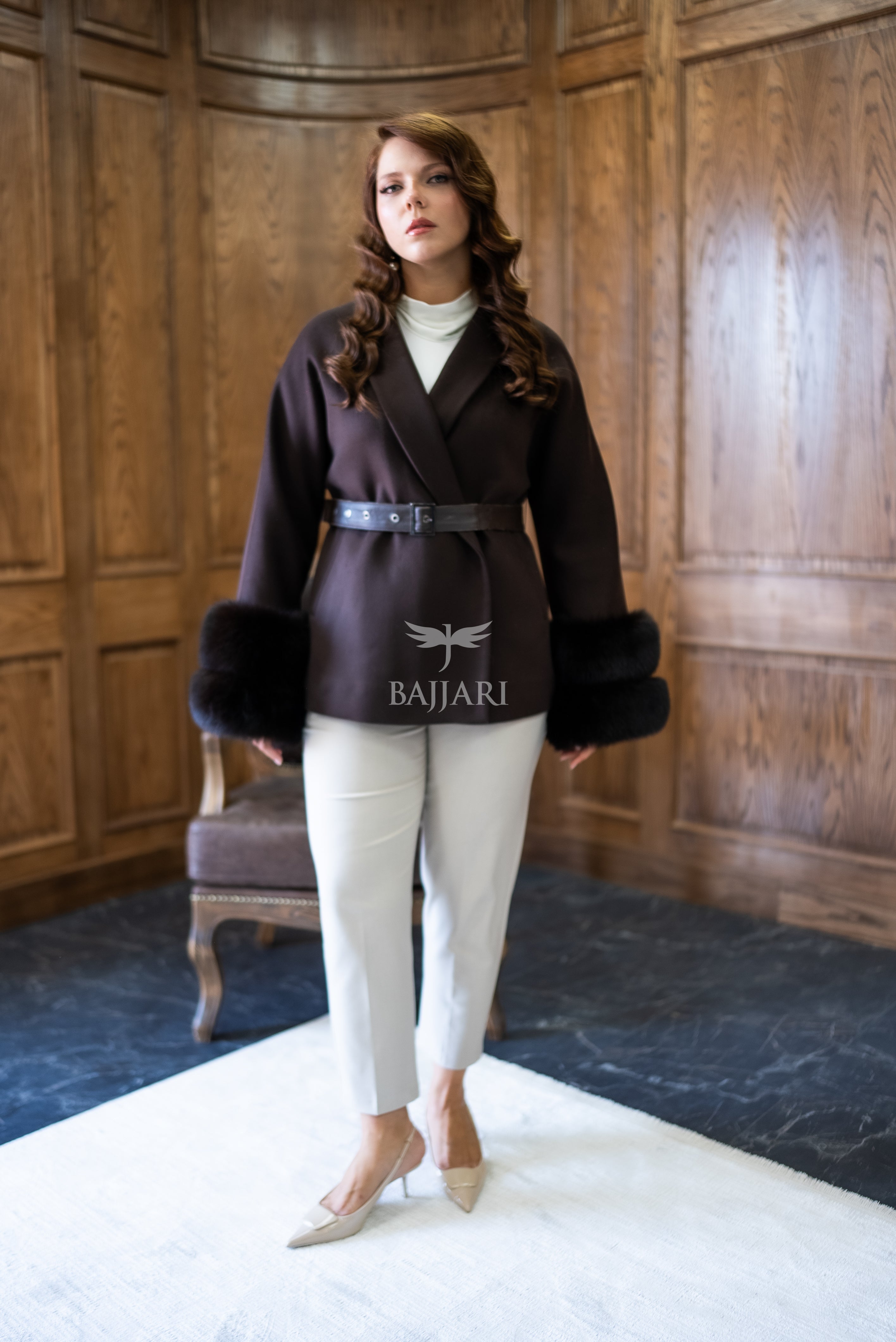 Women's Short Alpaca Wool Coat with Patchwork Fox Fur on the Sleeves -1214-