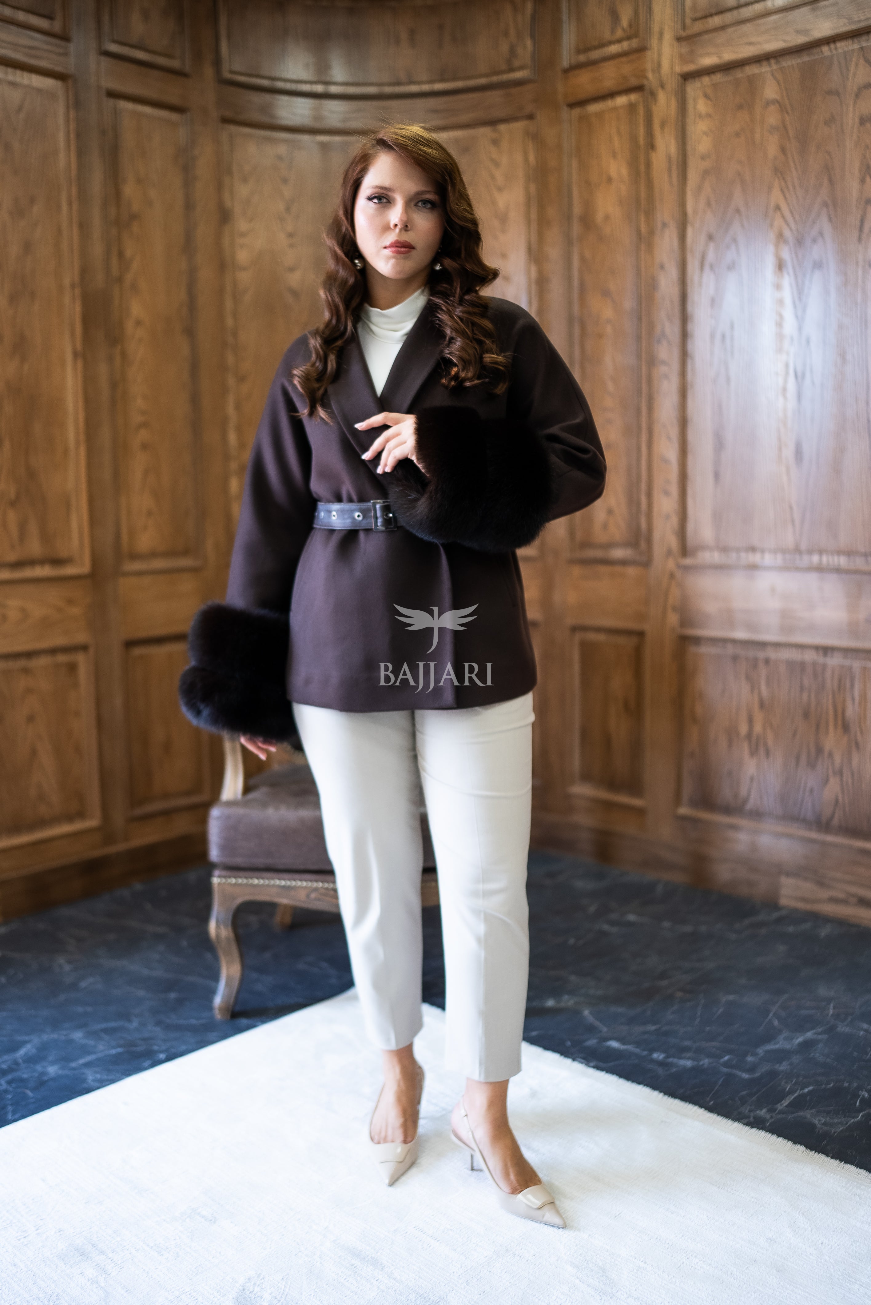 Women's Short Alpaca Wool Coat with Patchwork Fox Fur on the Sleeves -1214-