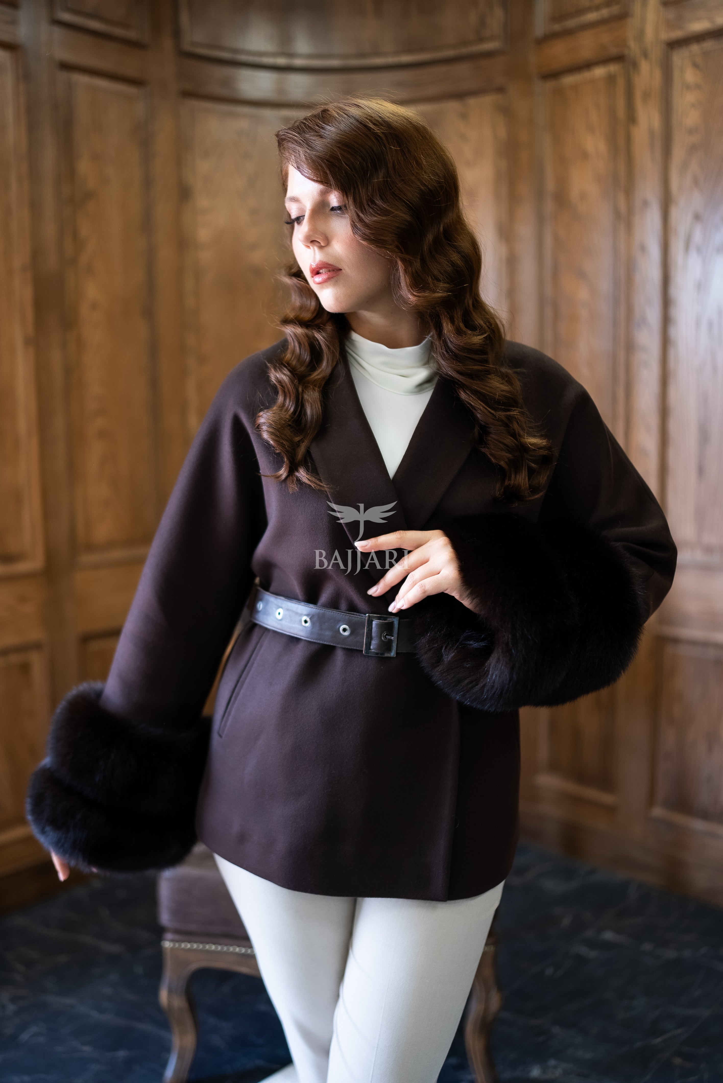 Women's Short Alpaca Wool Coat with Patchwork Fox Fur on the Sleeves -1214-