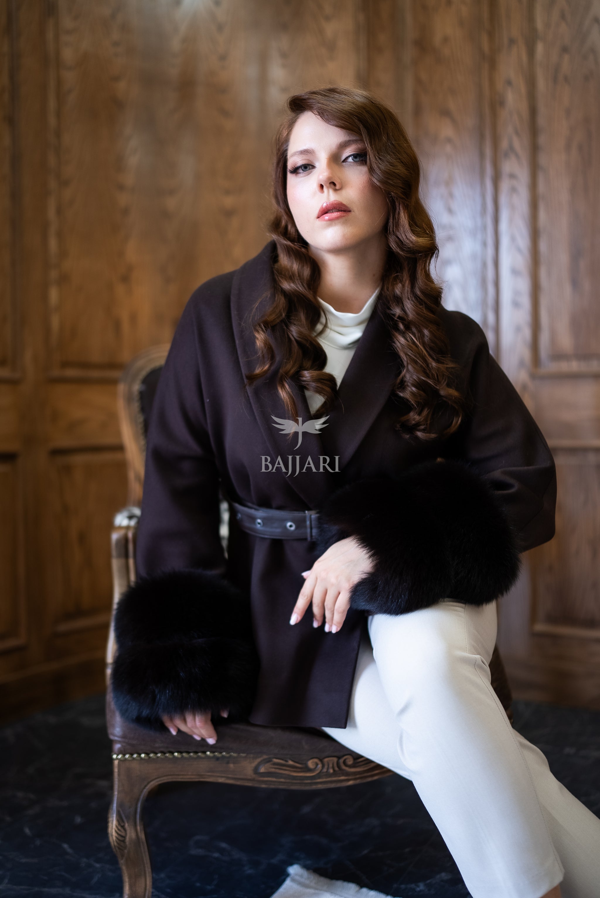 Women's Short Alpaca Wool Coat with Patchwork Fox Fur on the Sleeves -1214-