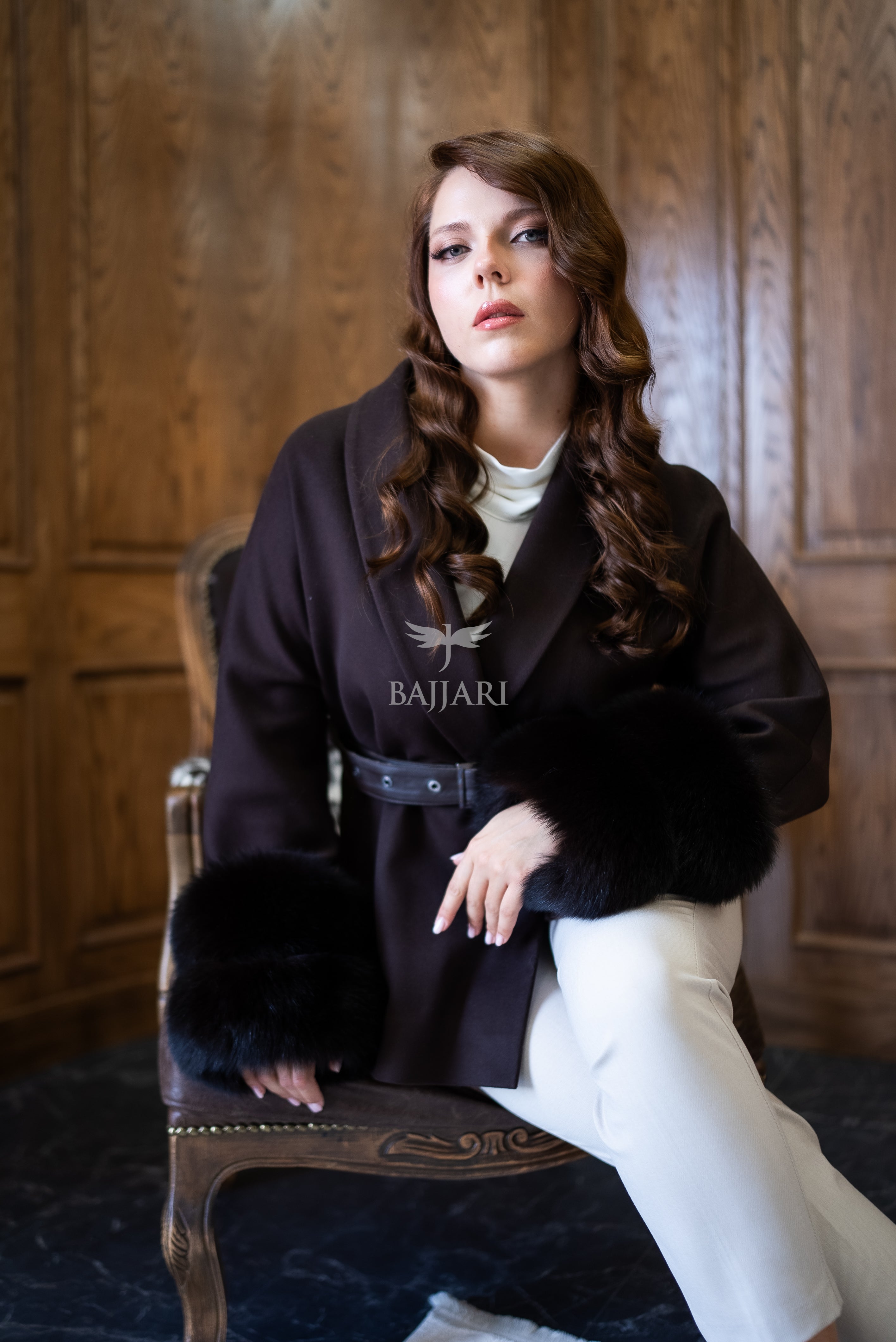 Women's Short Alpaca Wool Coat with Patchwork Fox Fur on the Sleeves -1214-