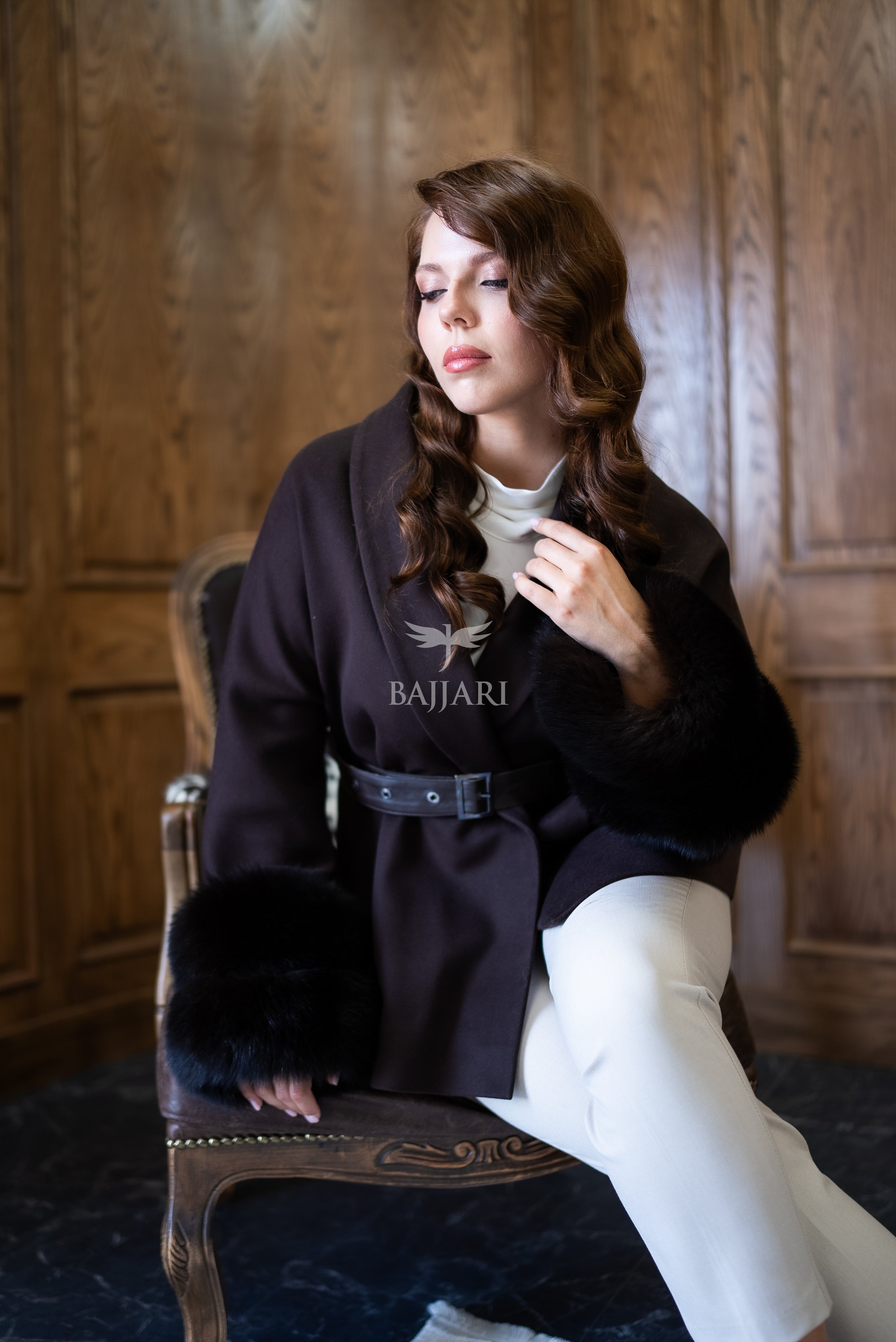 Women's Short Alpaca Wool Coat with Patchwork Fox Fur on the Sleeves -1214-