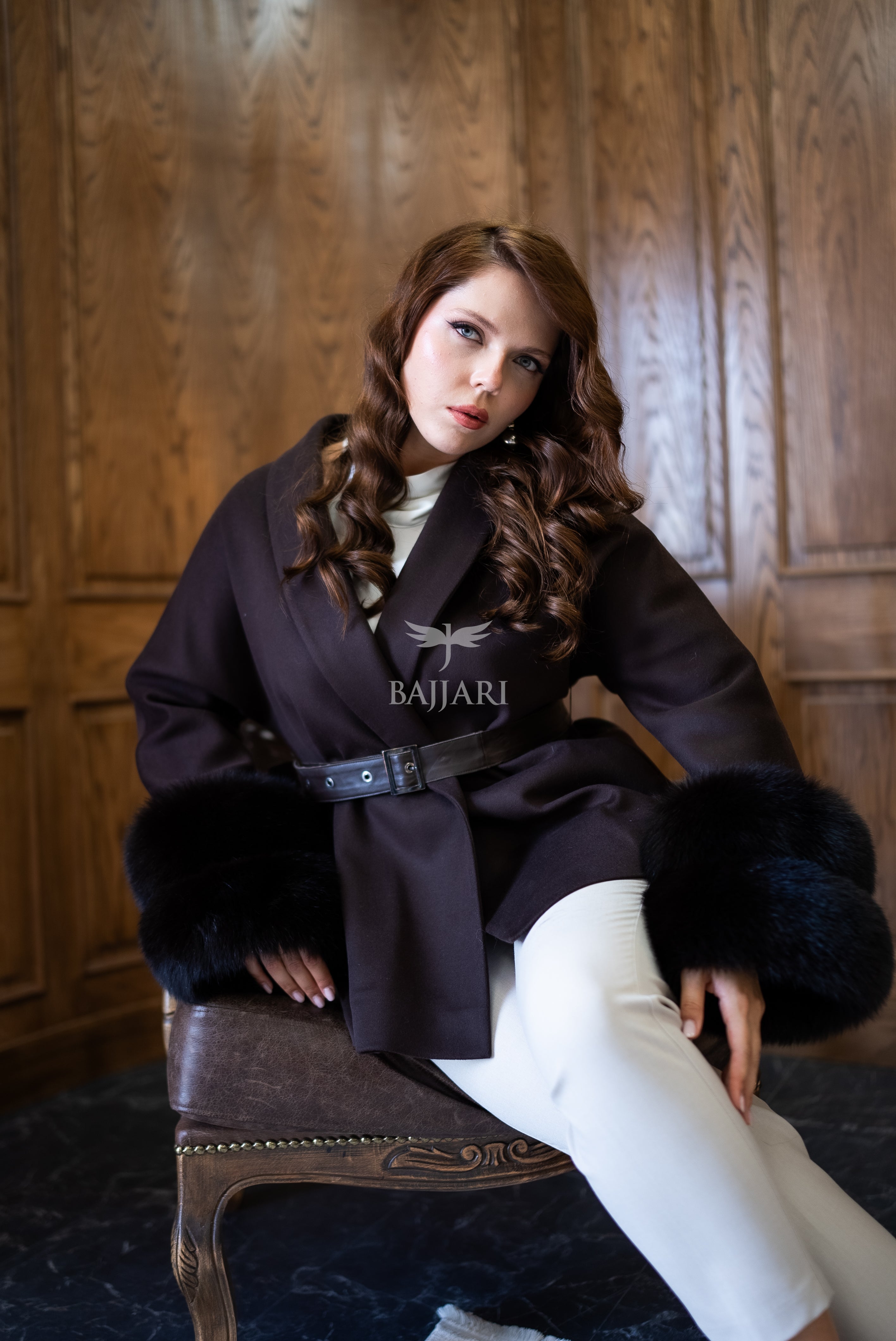 Women's Short Alpaca Wool Coat with Patchwork Fox Fur on the Sleeves -1214-