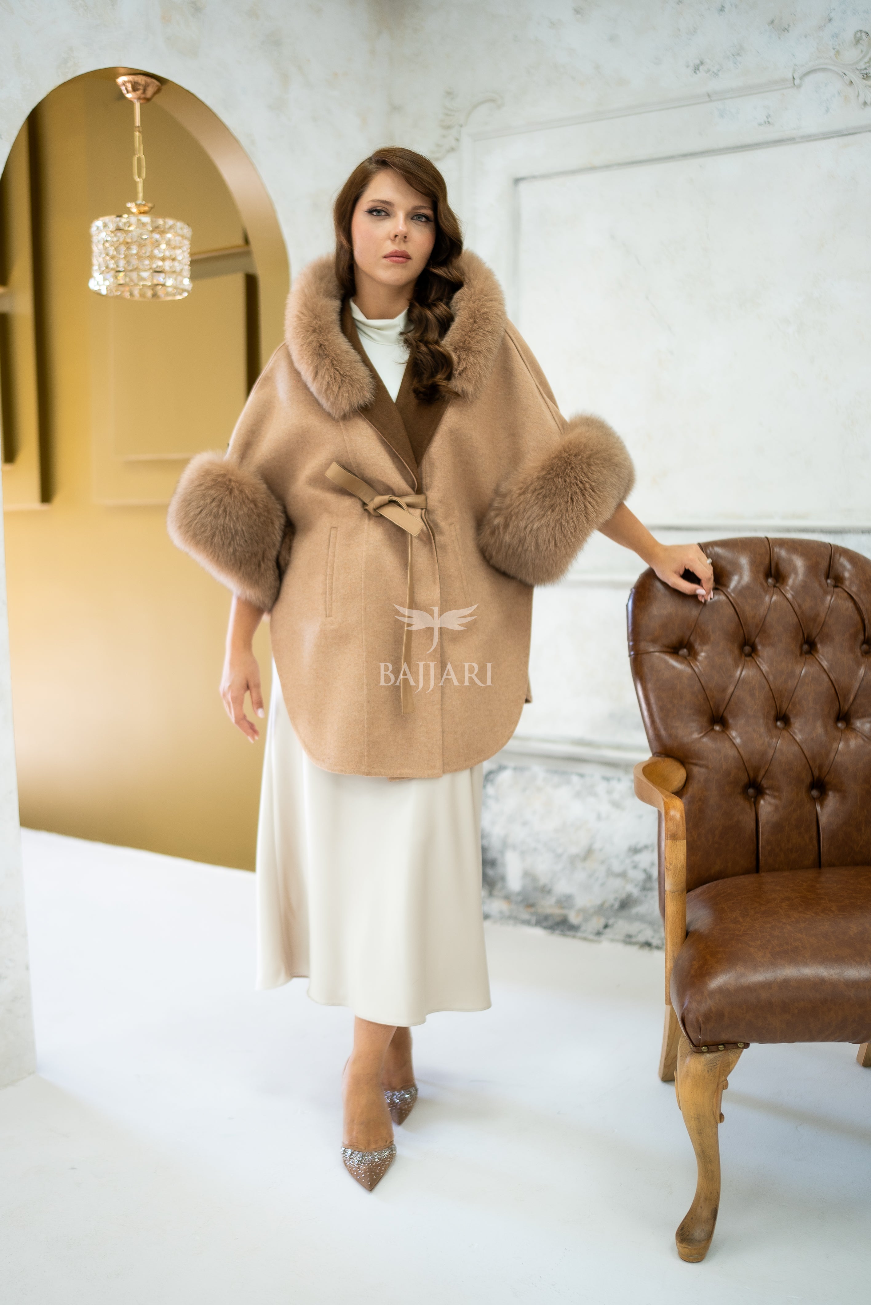 Elegant Hooded Cashmere Cape with Fox Fur Collar and Cuffs -1337-