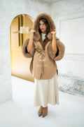 Elegant Hooded Cashmere Cape with Fox Fur Collar and Cuffs -1337-