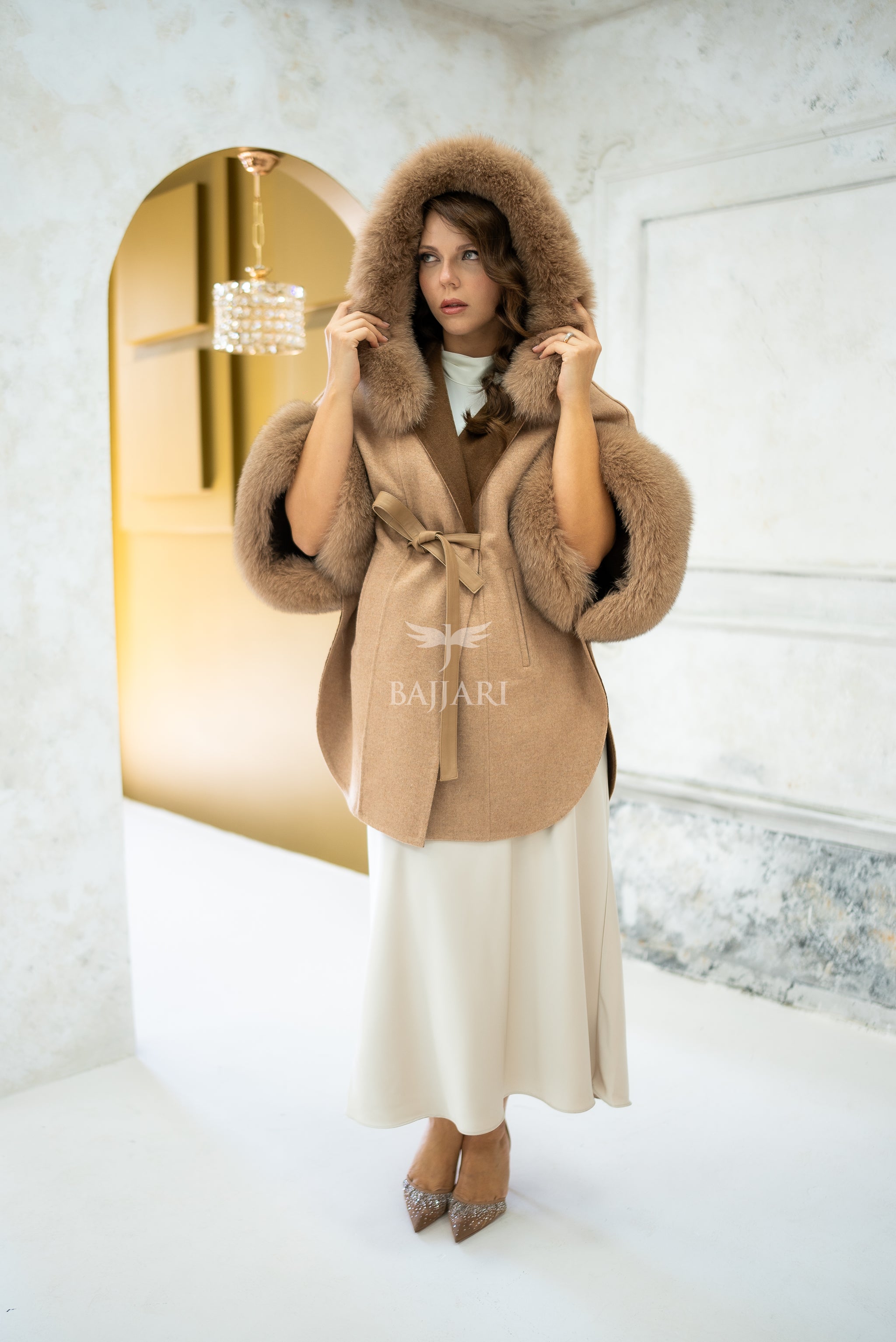Elegant Hooded Cashmere Cape with Fox Fur Collar and Cuffs -1337-