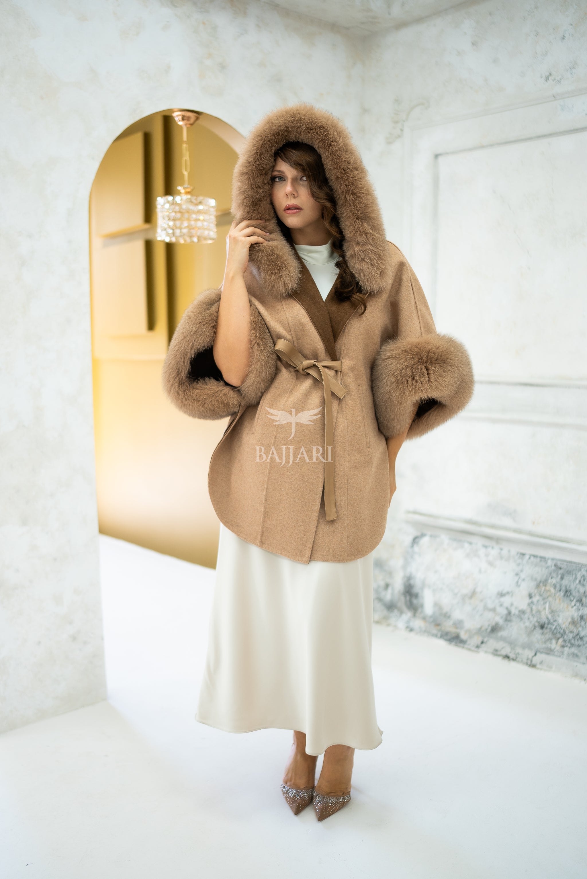 Elegant Hooded Cashmere Cape with Fox Fur Collar and Cuffs -1337-
