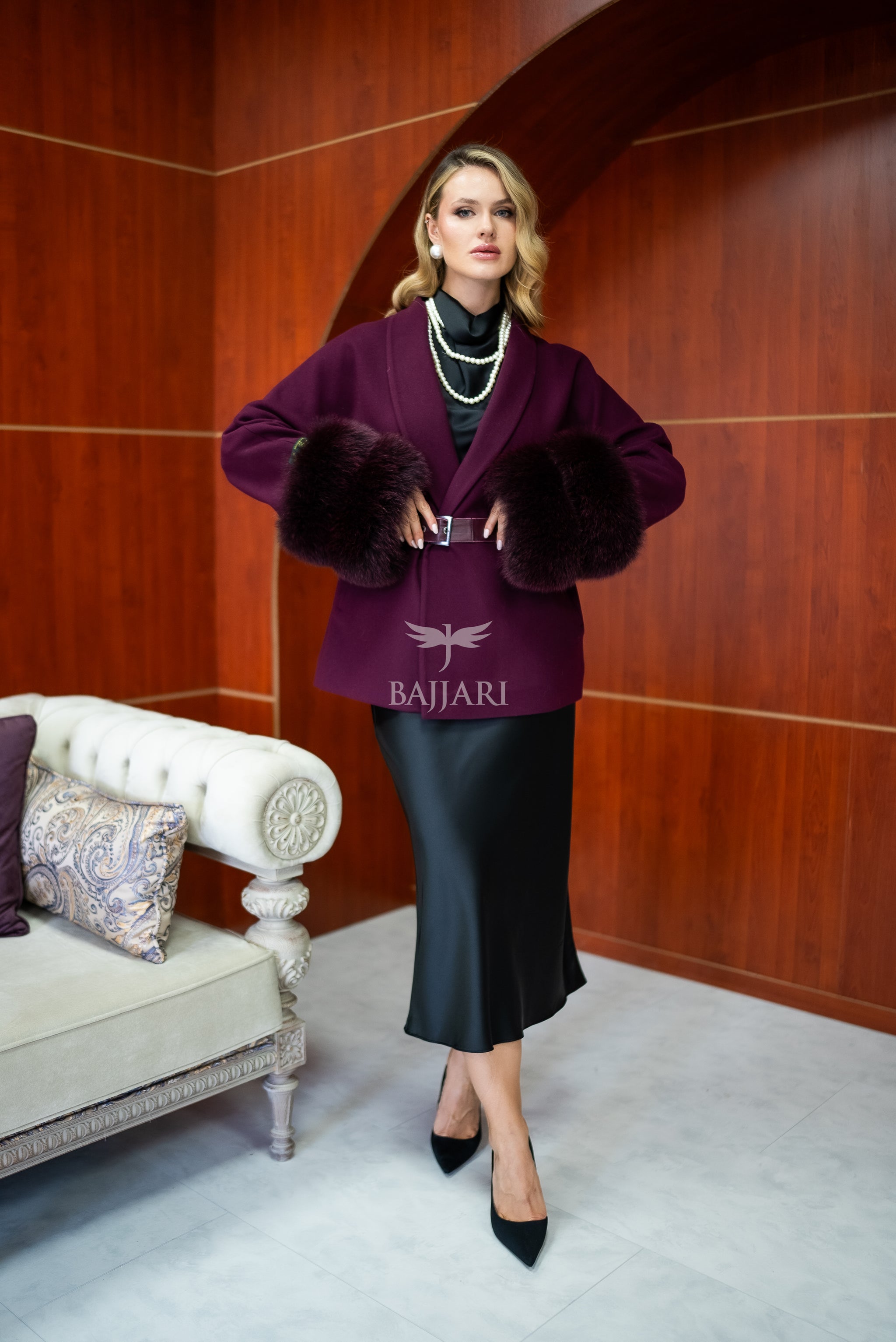Women's Short Alpaca Wool Coat with Patchwork Fox Fur on the Sleeves -1214-