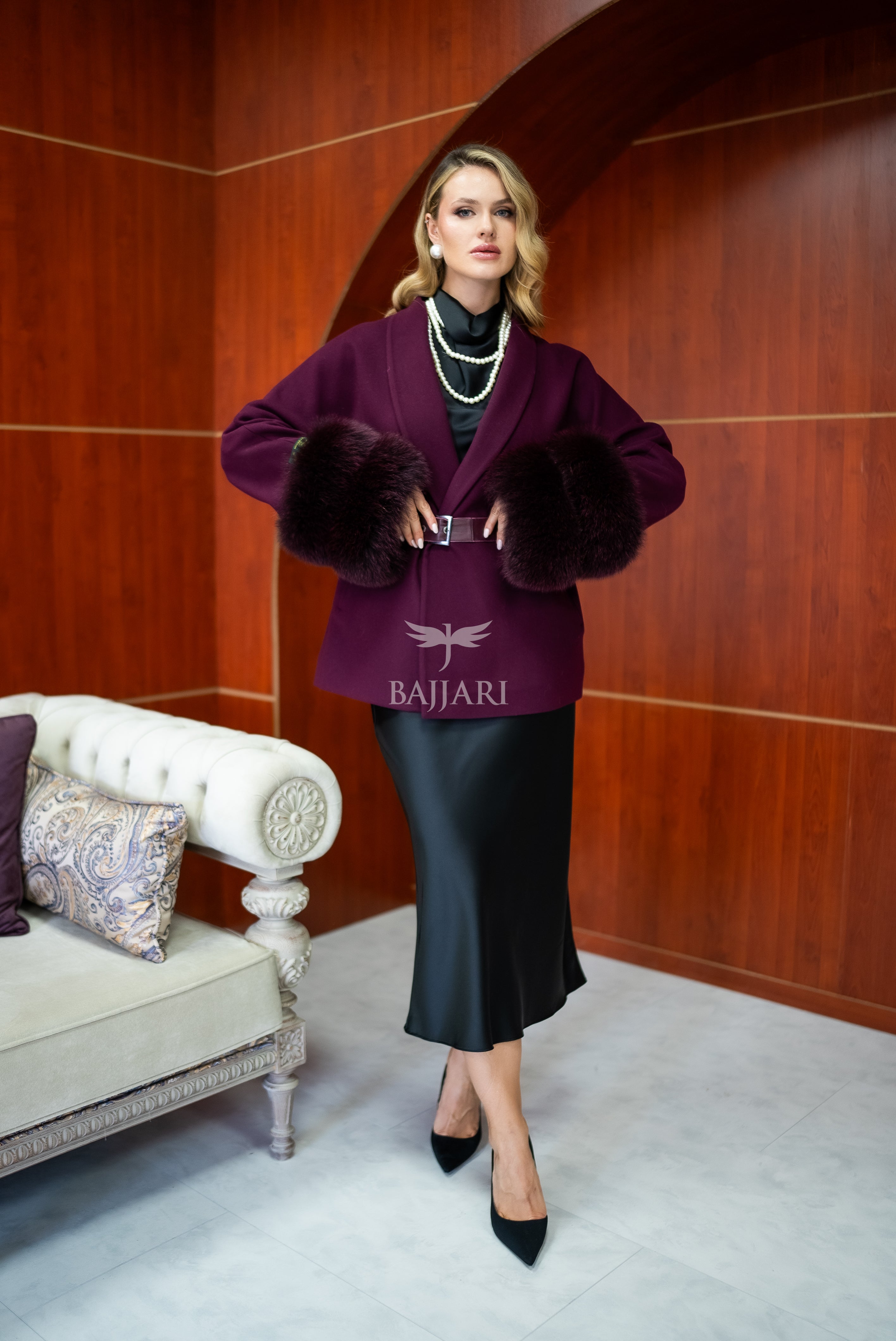 Women's Short Alpaca Wool Coat with Patchwork Fox Fur on the Sleeves -1214-