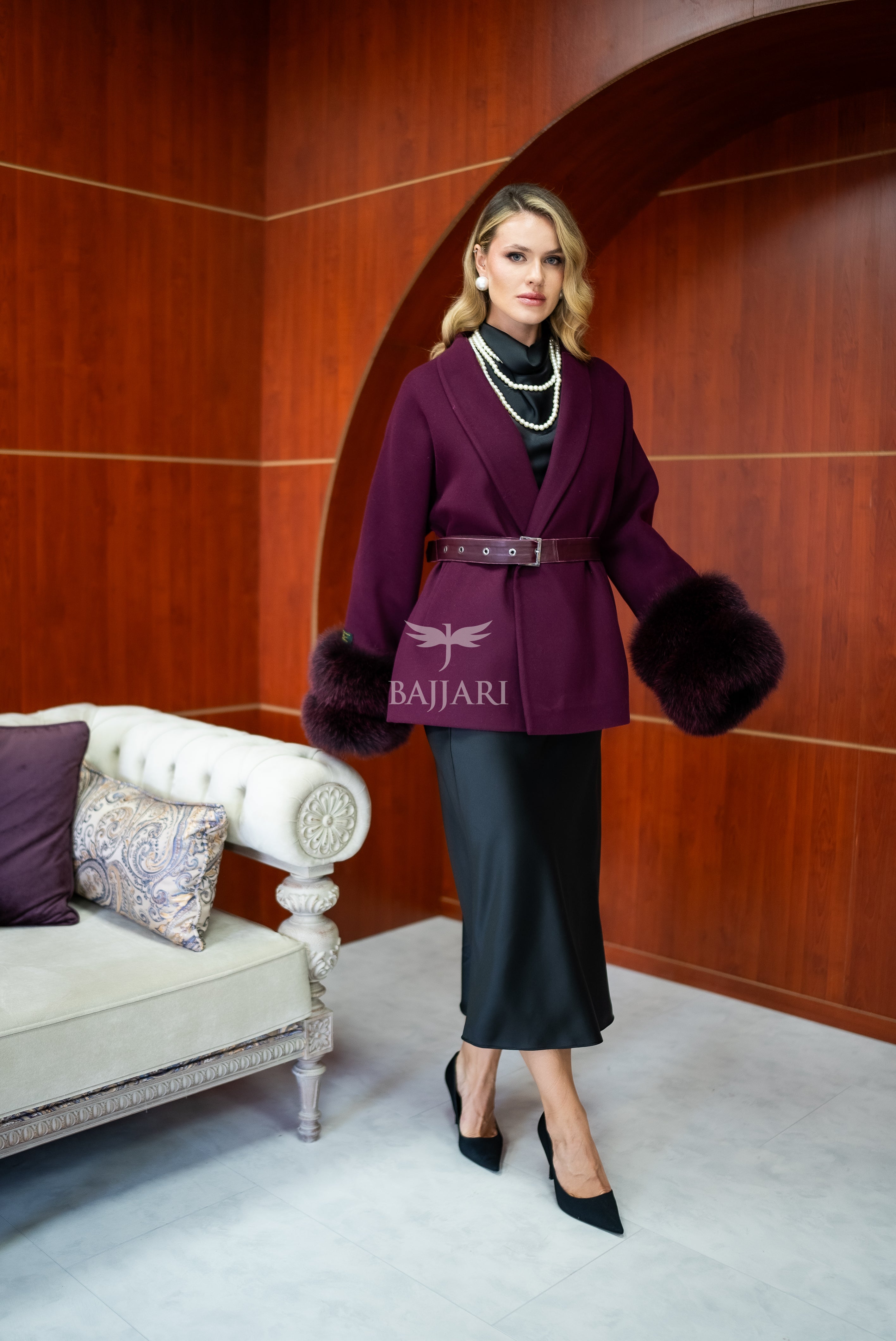 Women's Short Alpaca Wool Coat with Patchwork Fox Fur on the Sleeves -1214-