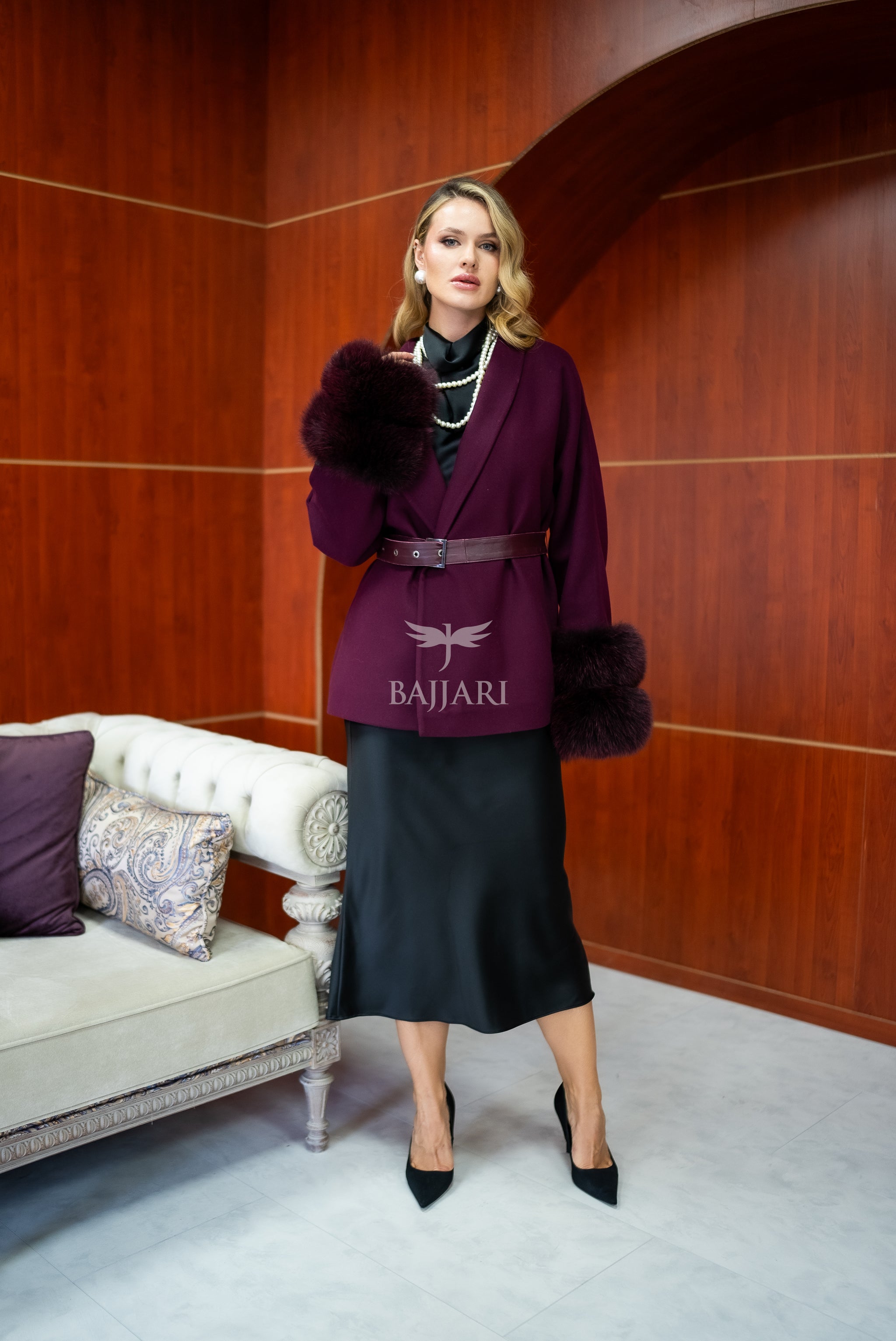 Women's Short Alpaca Wool Coat with Patchwork Fox Fur on the Sleeves -1214-