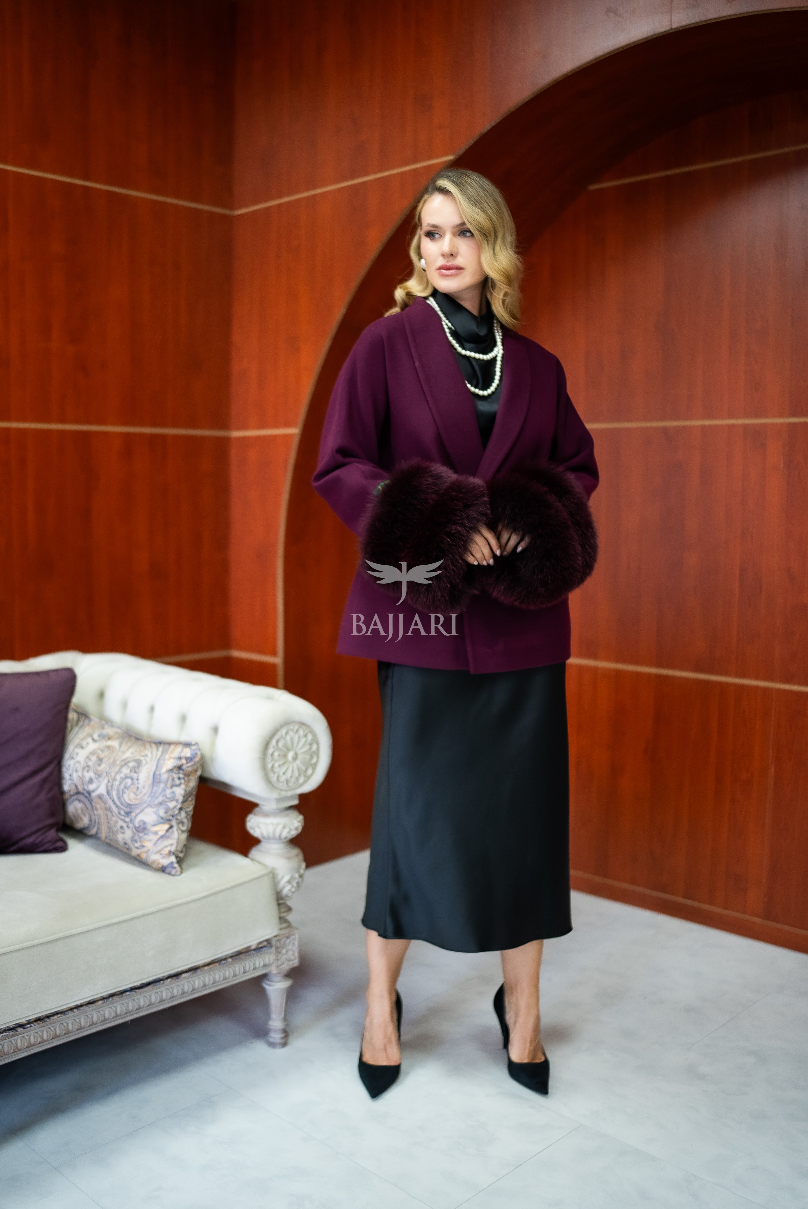Women's Short Alpaca Wool Coat with Patchwork Fox Fur on the Sleeves -1214-