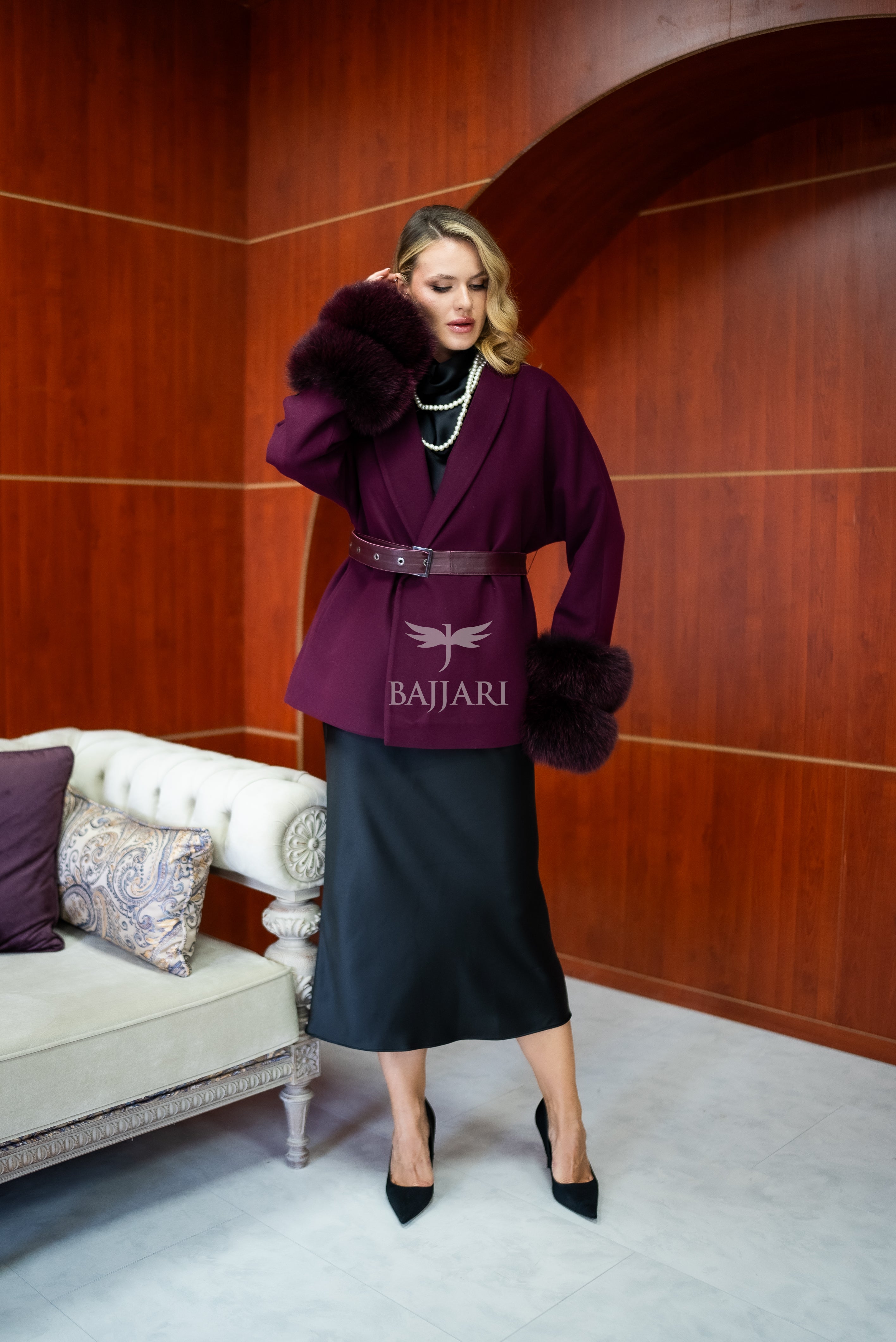 Women's Short Alpaca Wool Coat with Patchwork Fox Fur on the Sleeves -1214-