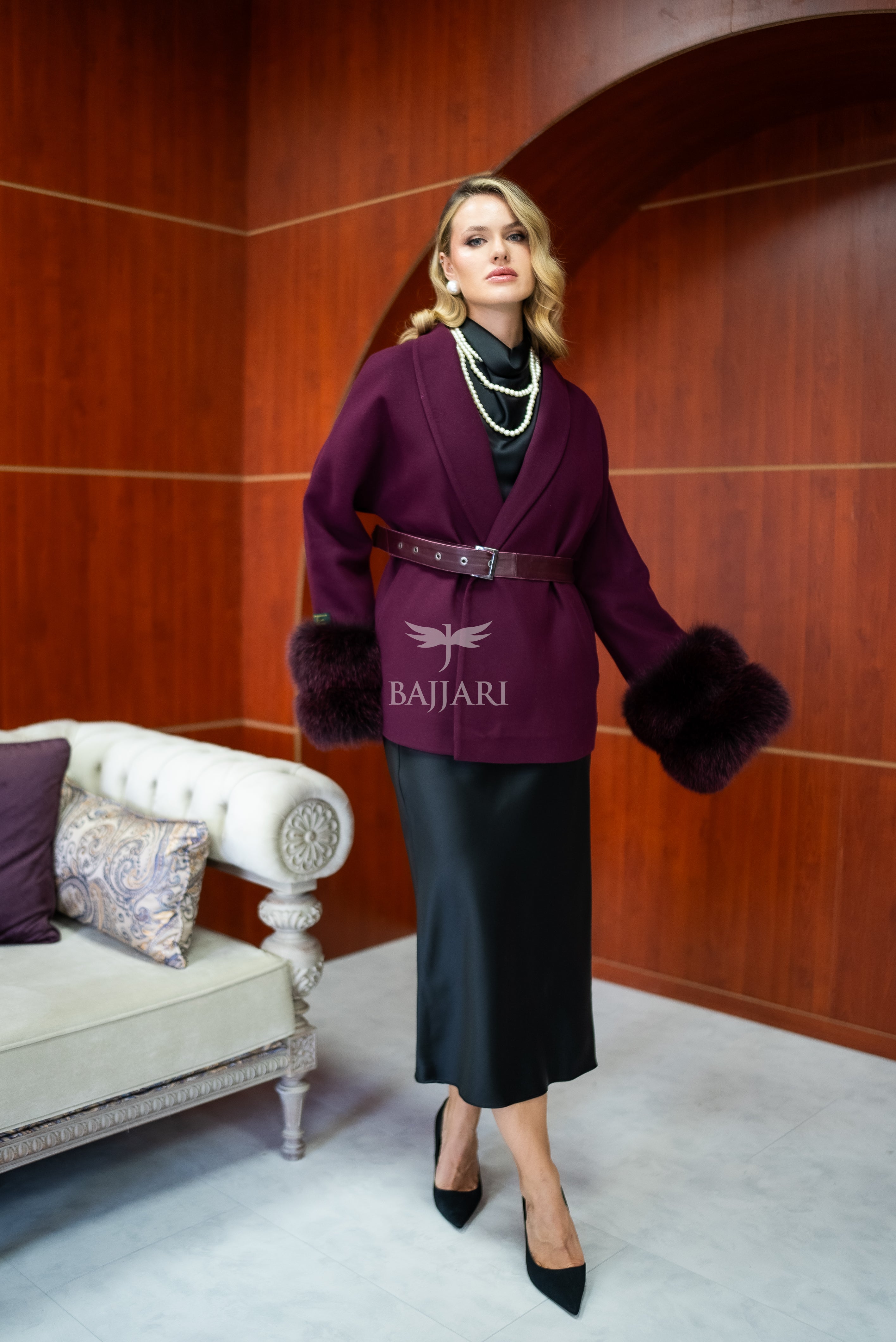 Women's Short Alpaca Wool Coat with Patchwork Fox Fur on the Sleeves -1214-