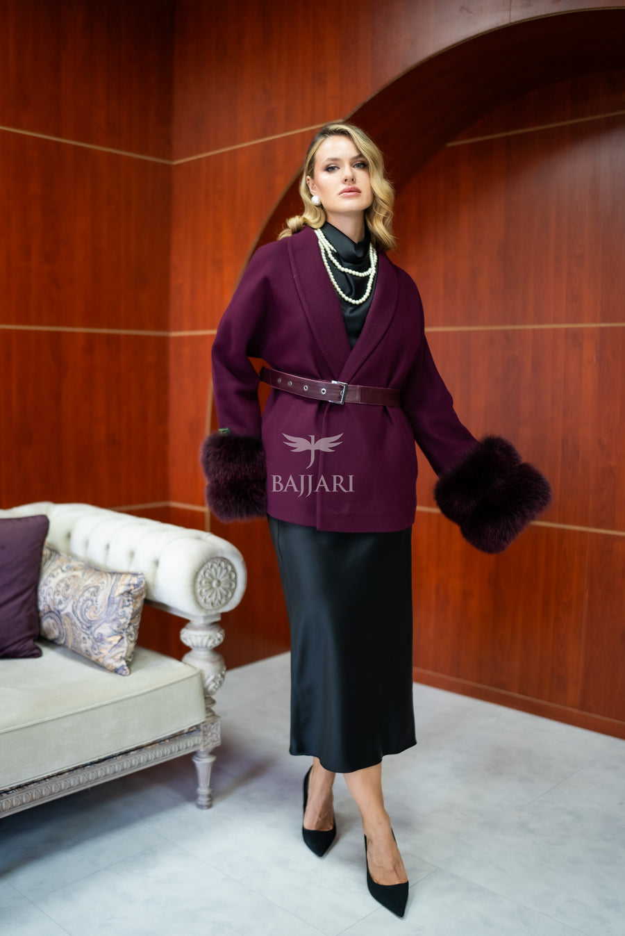 Women's Short Alpaca Wool Coat with Patchwork Fox Fur on the Sleeves -1214-