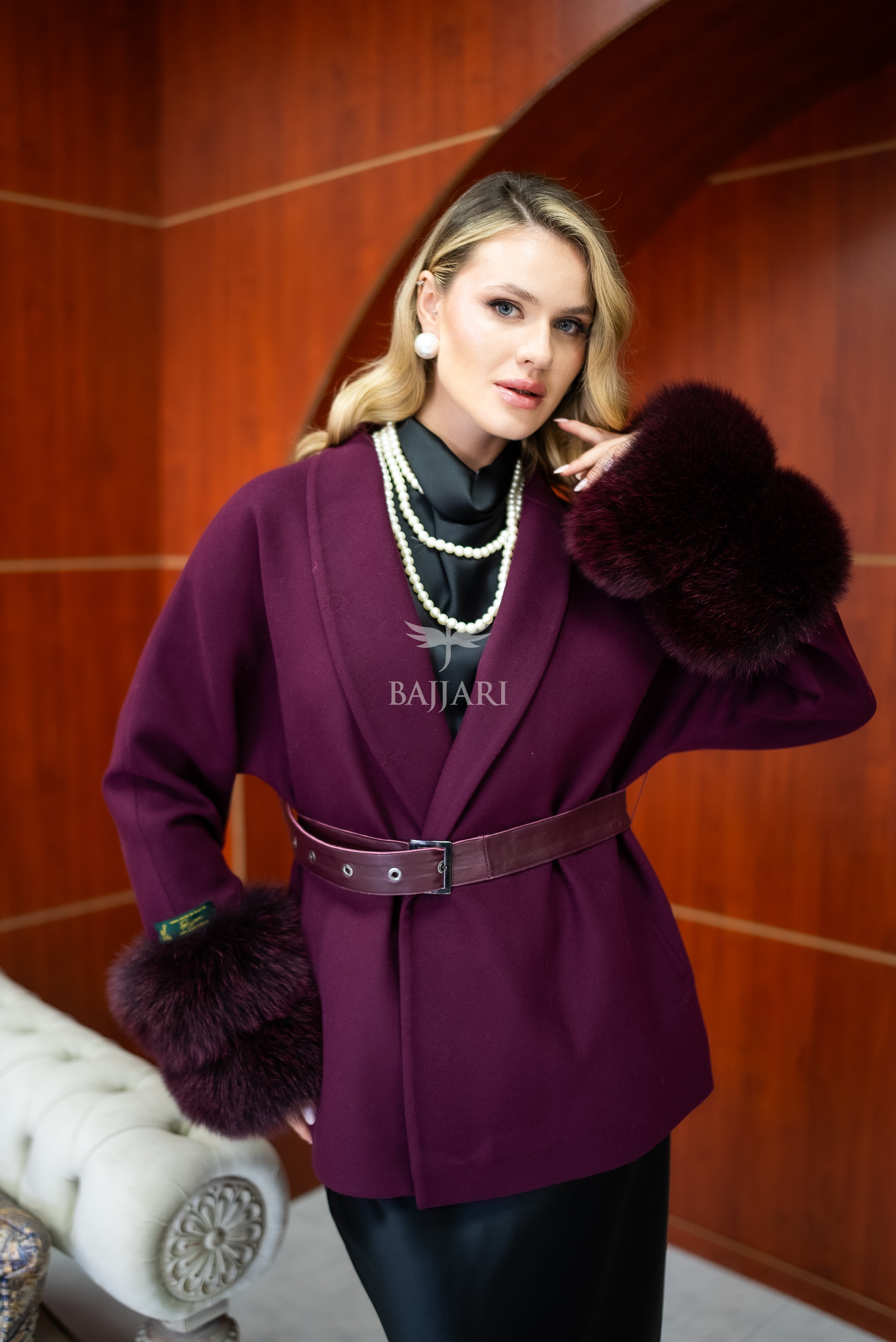 Women's Short Alpaca Wool Coat with Patchwork Fox Fur on the Sleeves -1214-