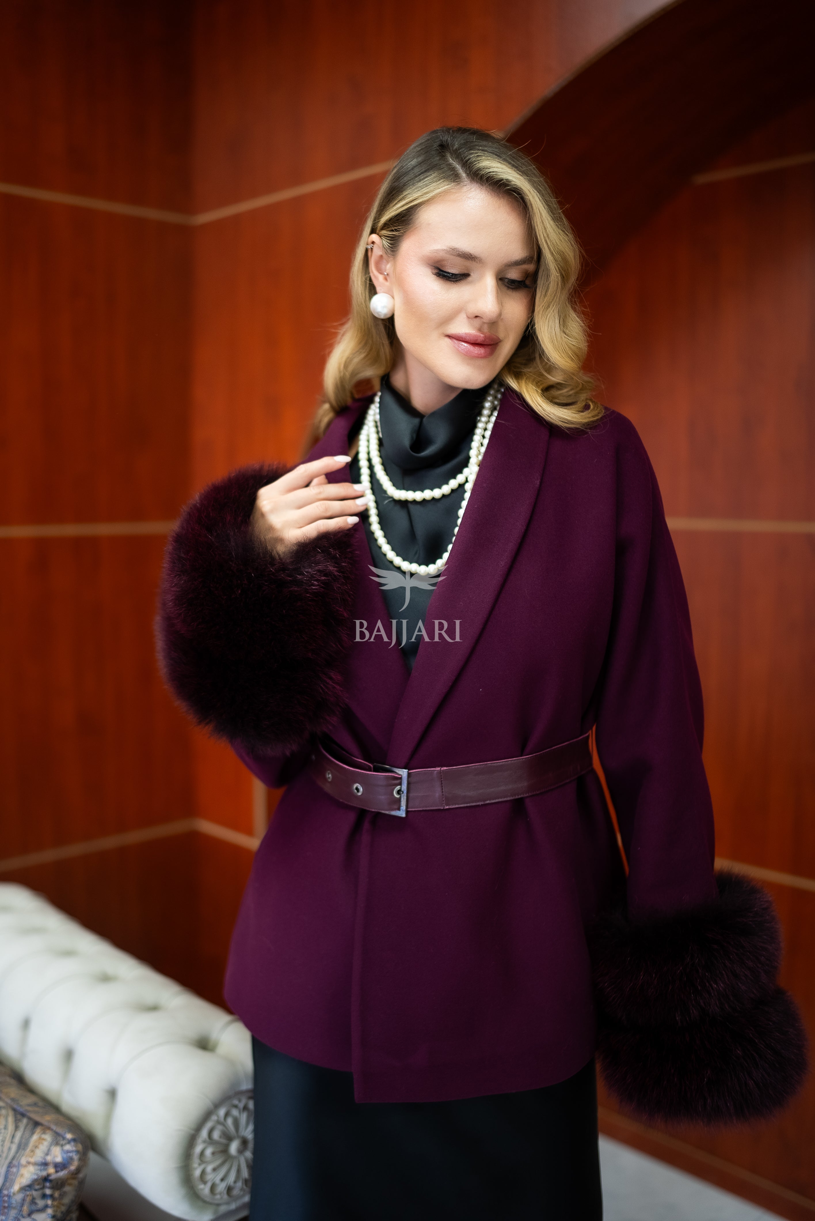 Women's Short Alpaca Wool Coat with Patchwork Fox Fur on the Sleeves -1214-