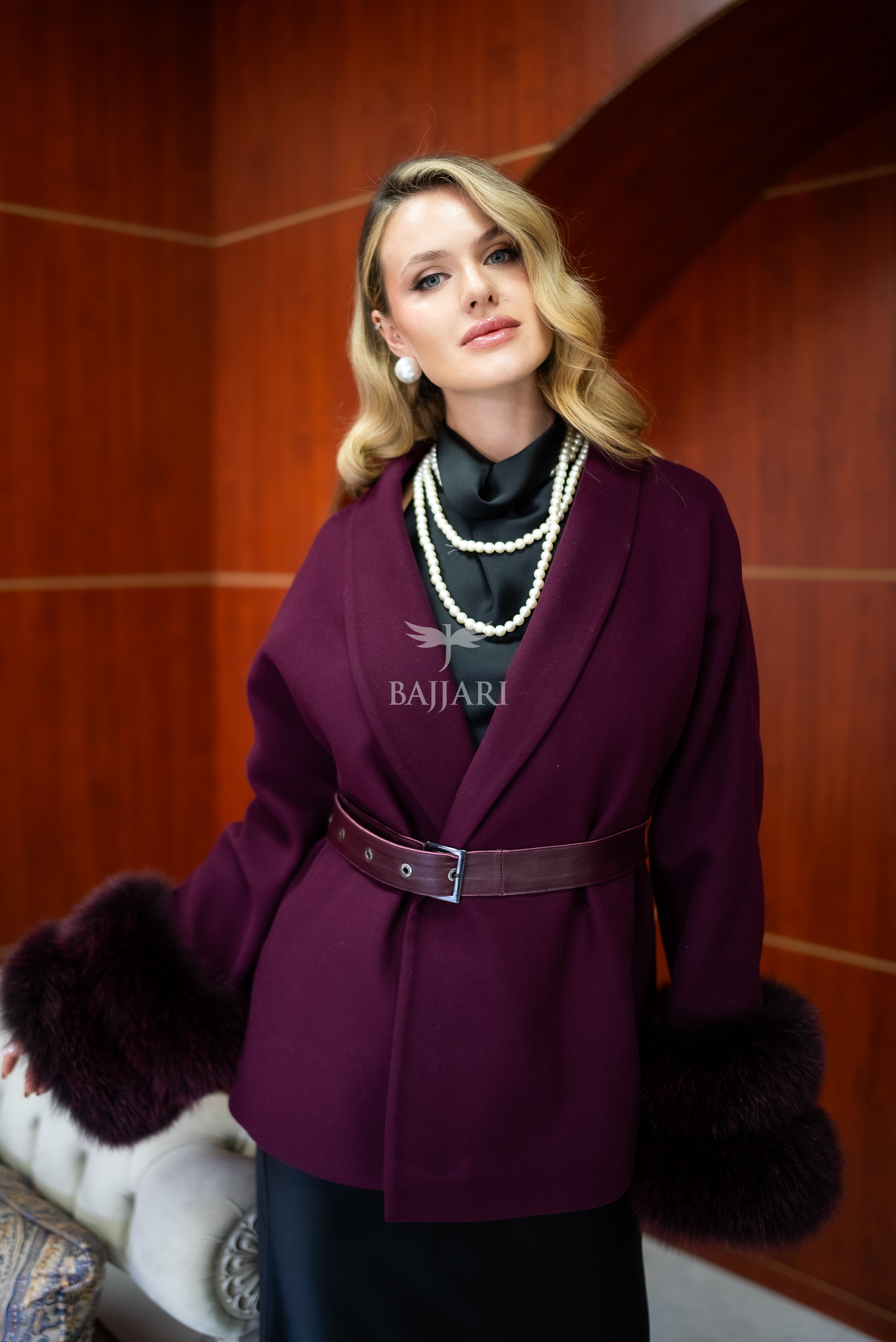 Women's Short Alpaca Wool Coat with Patchwork Fox Fur on the Sleeves -1214-