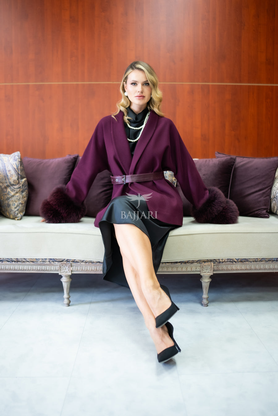 Women's Short Alpaca Wool Coat with Patchwork Fox Fur on the Sleeves -1214-